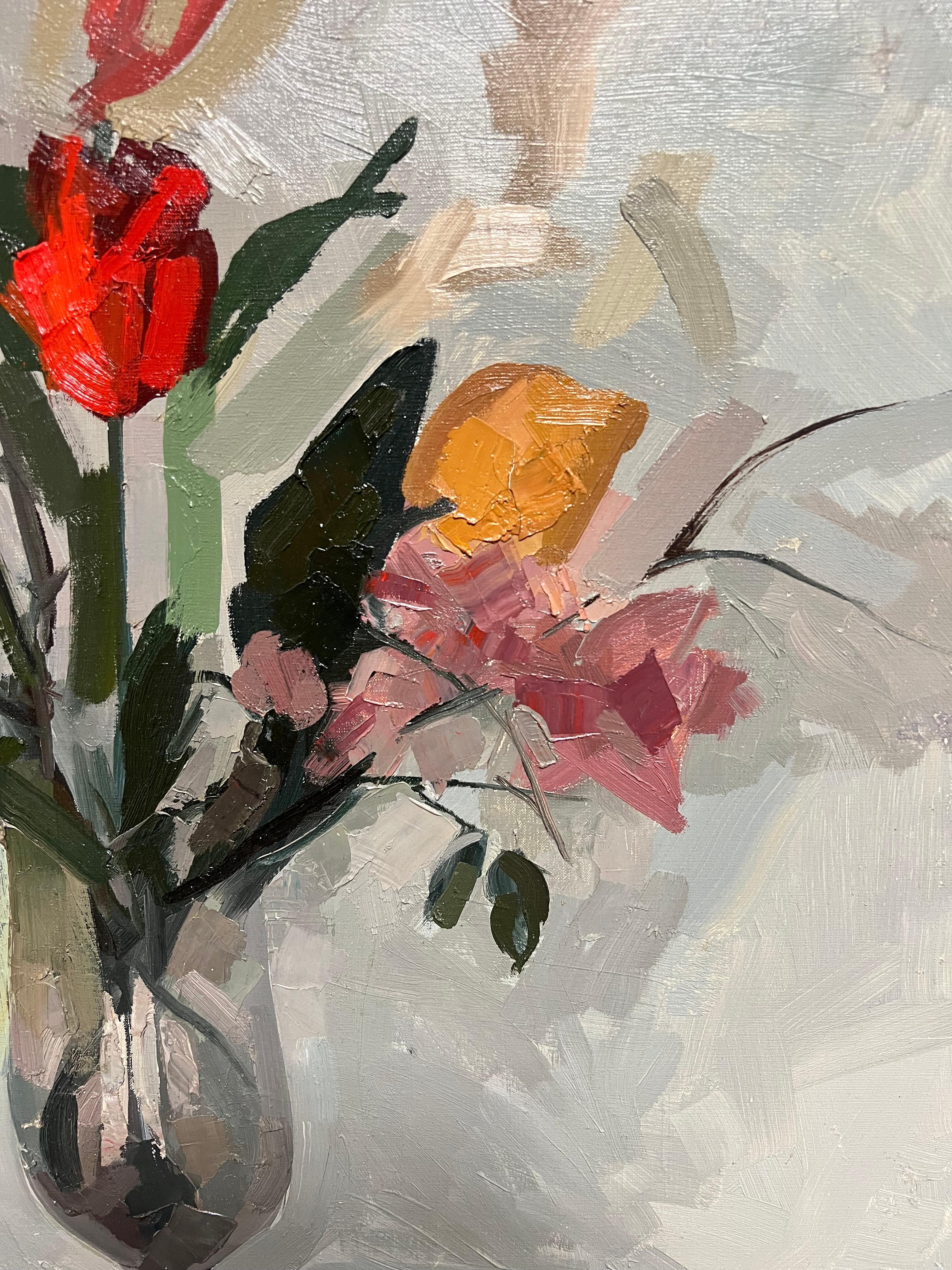 Natura morta floreale moderna francese Eleg Bouquet in un vaso di vetro Pittura ad olio in vendita 1