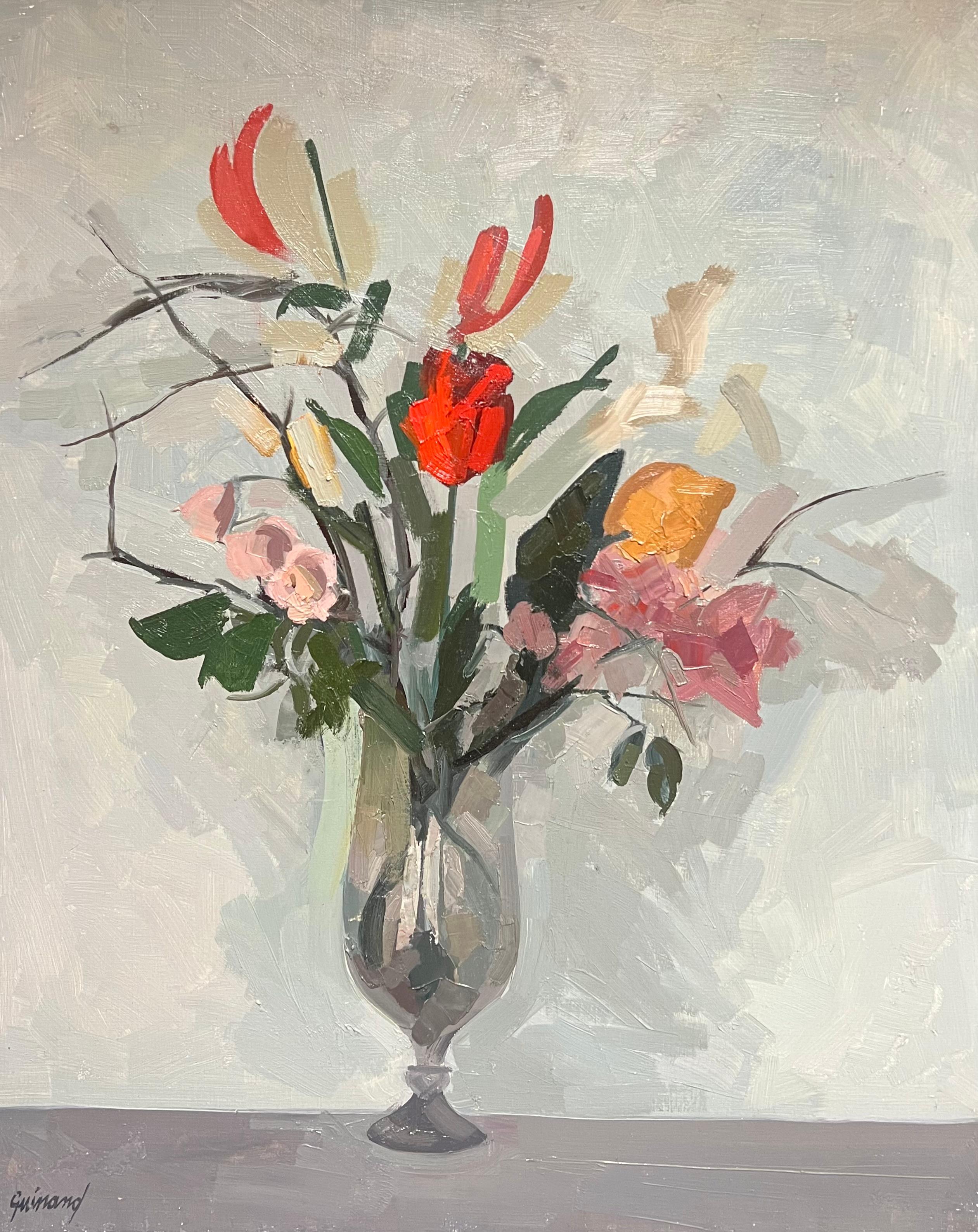 Interior Painting di René GUINAND (1892-1983) - Natura morta floreale moderna francese Eleg Bouquet in un vaso di vetro Pittura ad olio