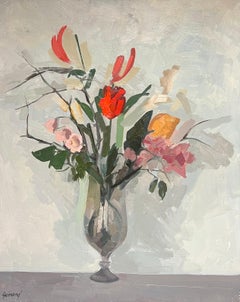 Moderner französischer floraler Stillleben-Blumenstrauß in einer Glasvase, Ölgemälde, modern