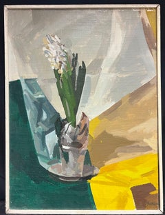 Modernist Still Life with White Orchid Abstract Oil Painting 1950's French