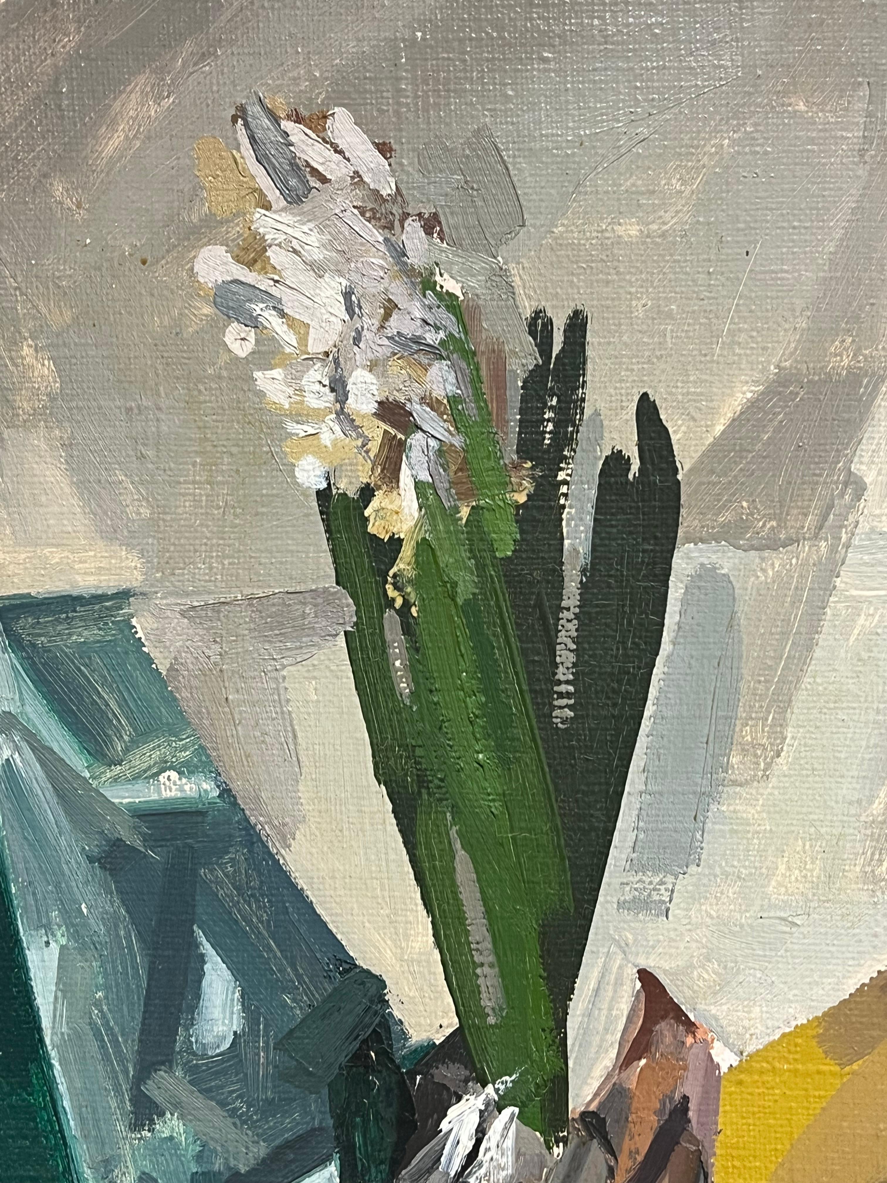 Natura morta modernista con orchidea bianca Pittura ad olio astratta anni '50 francese - Painting Cubismo di René GUINAND (1892-1983)