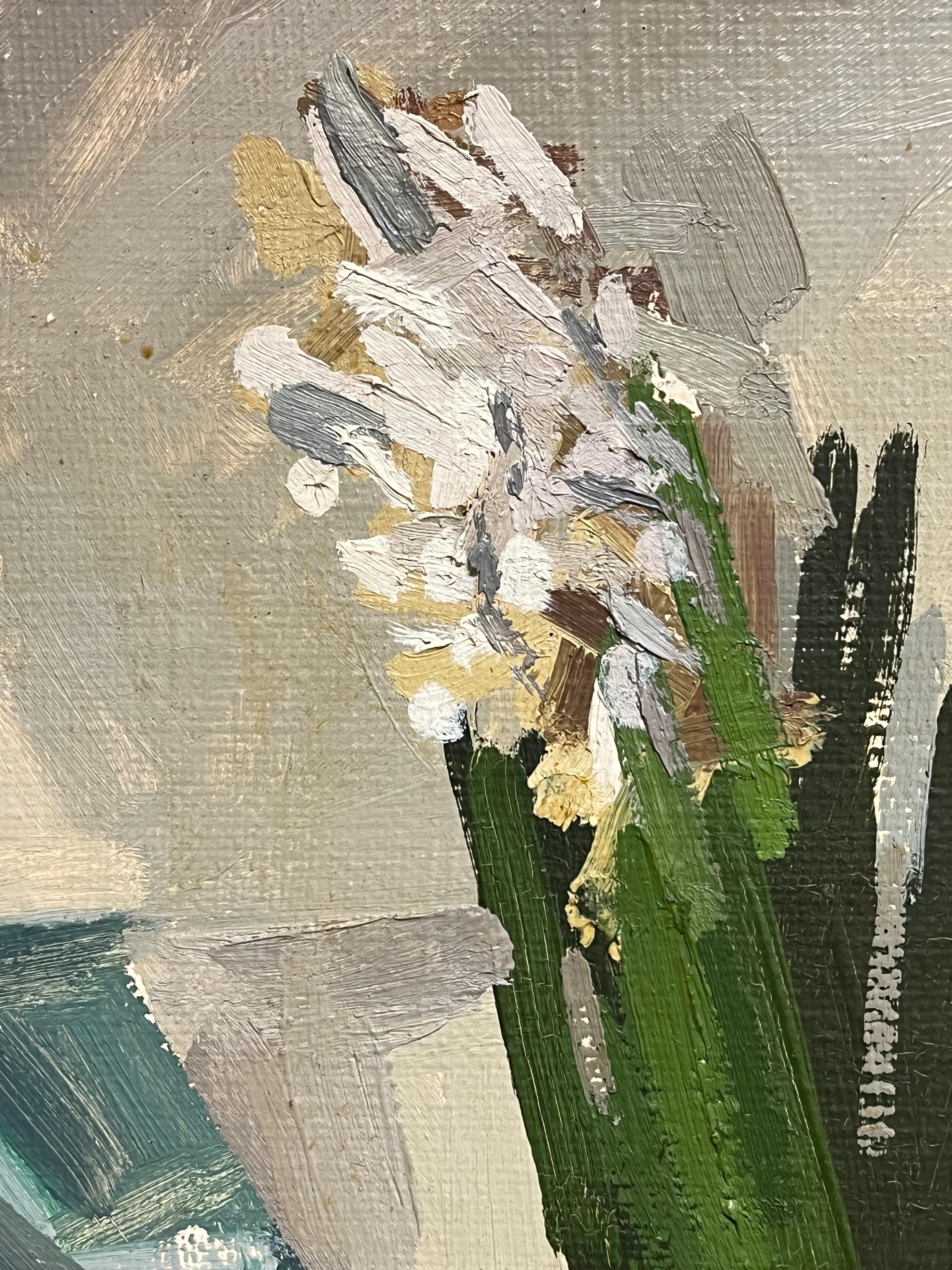 Natura morta modernista con orchidea bianca Pittura ad olio astratta anni '50 francese in vendita 1