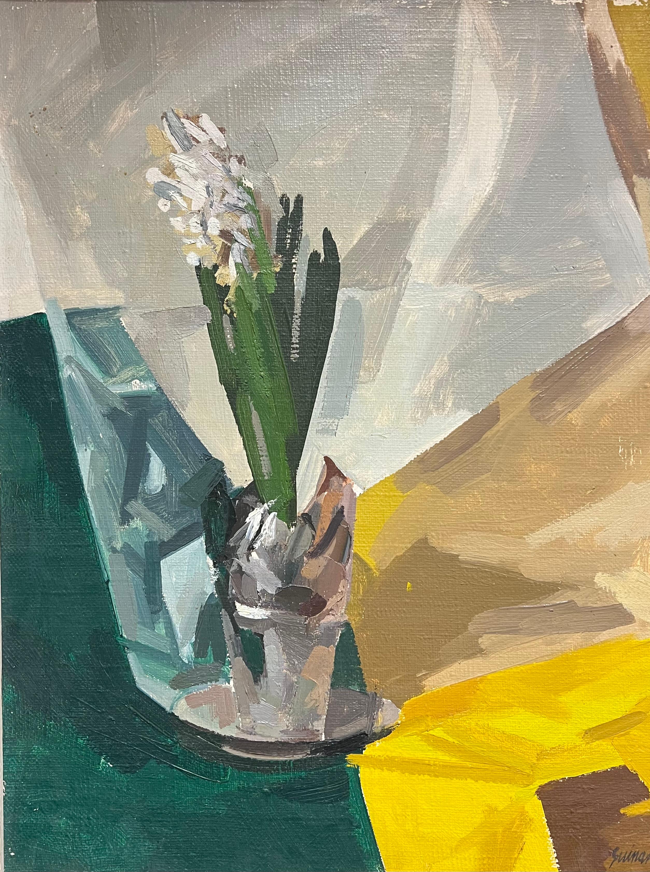 Abstract Painting di René GUINAND (1892-1983) - Natura morta modernista con orchidea bianca Pittura ad olio astratta anni '50 francese