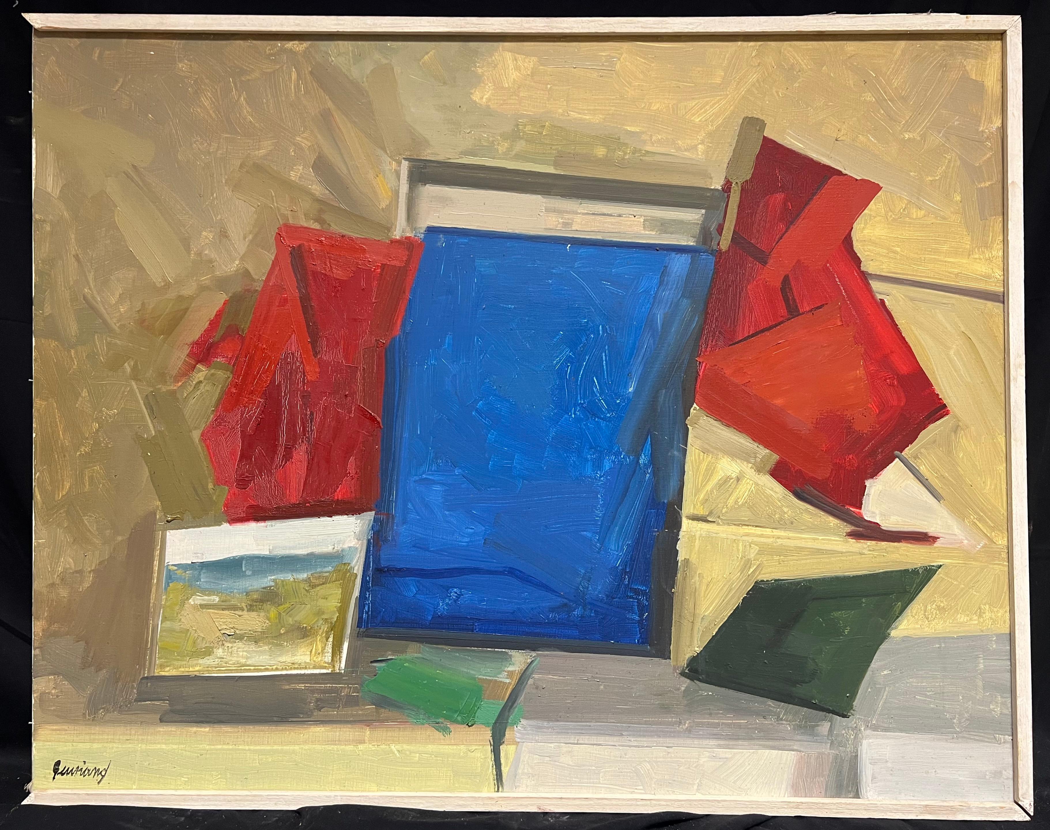 Vibrant Mid-Century Abstract Geometric Composition Bold Color Oil Painting - Brown Abstract Painting by René GUINAND (1892-1983)