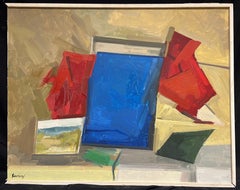 Vibrant Mid-Century Abstract Geometric Composition Bold Color Oil Painting