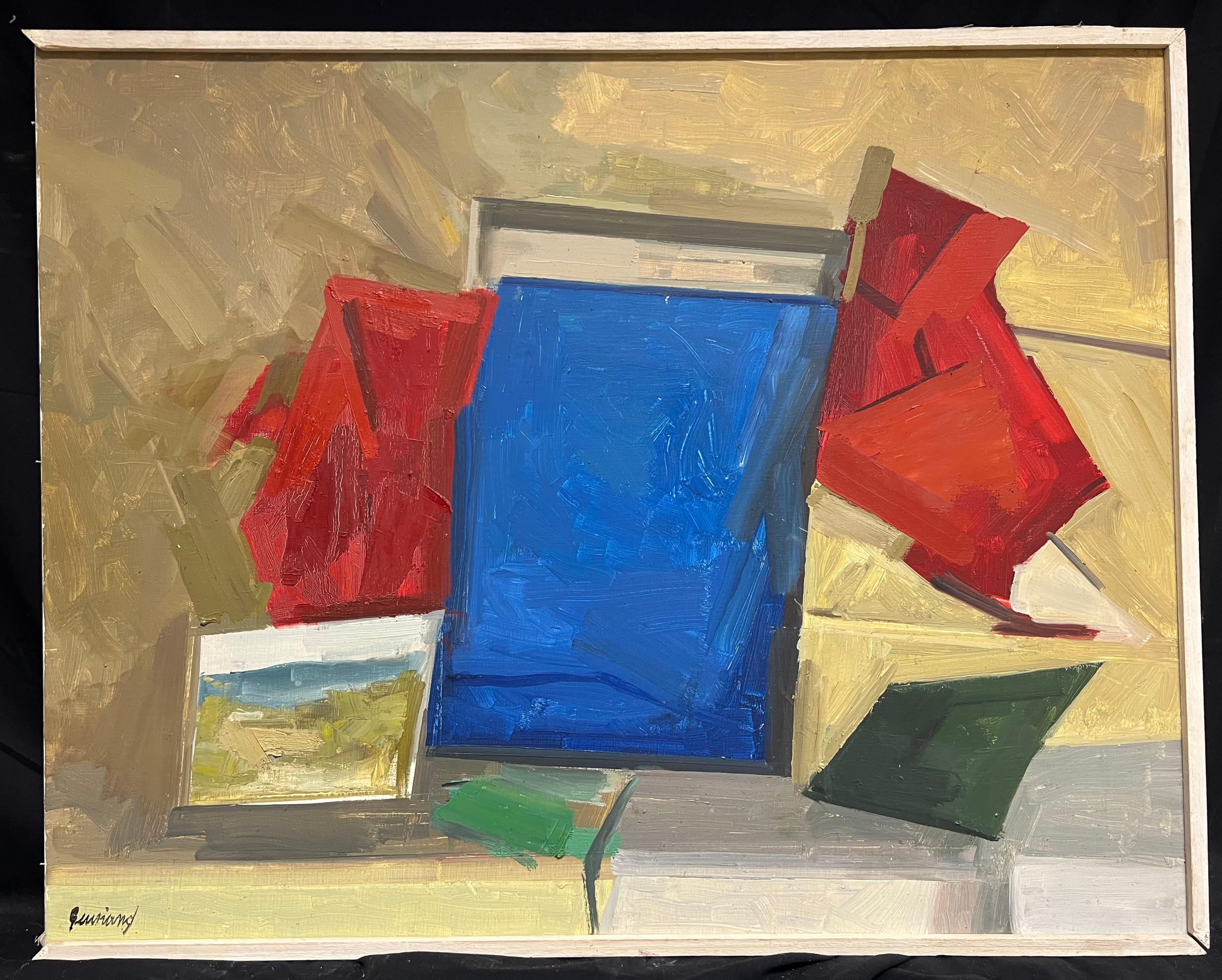Vibrant Mid-Century Abstract Geometric Composition Bold Color Oil Painting For Sale 1