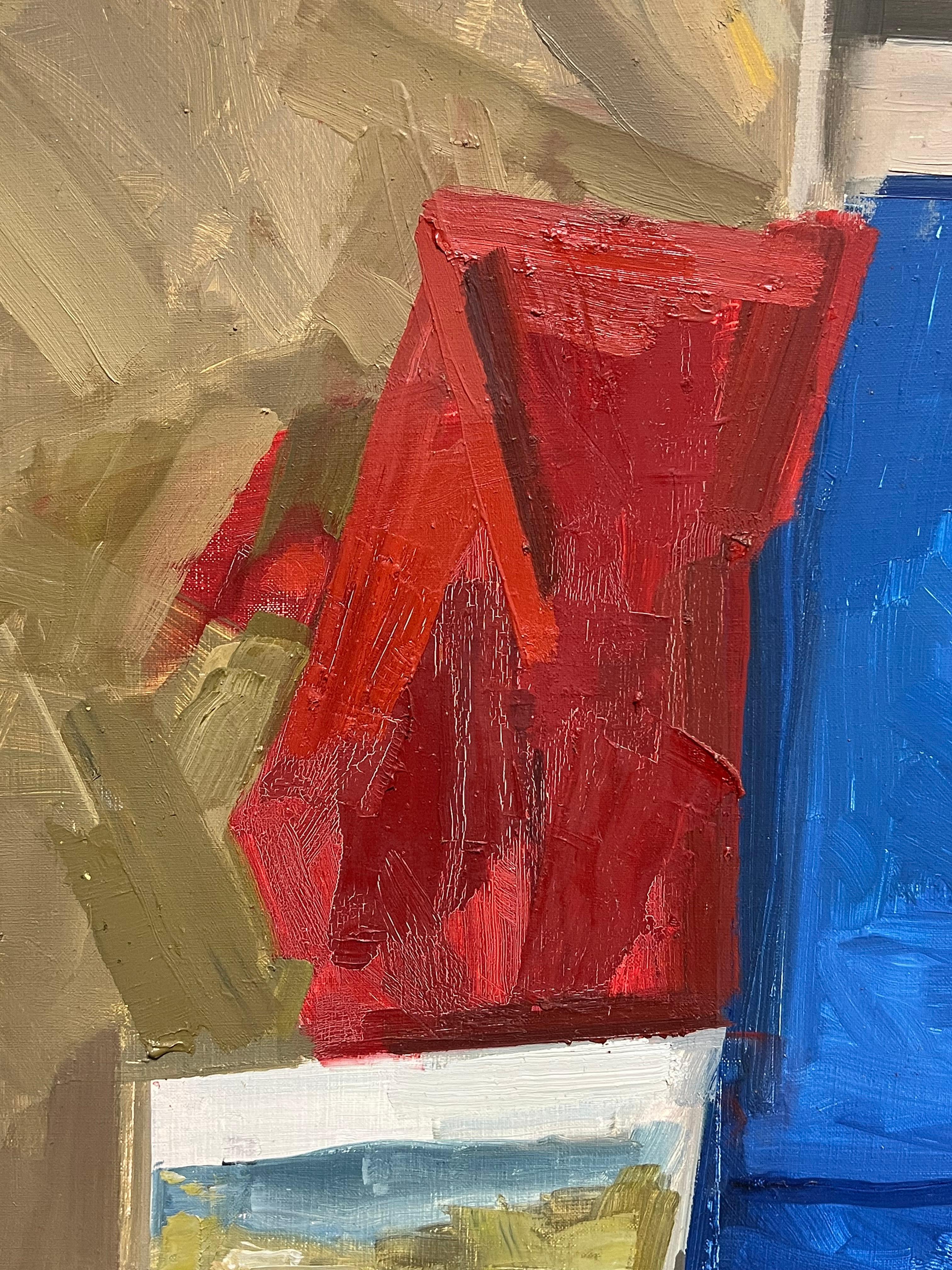Vibrant Mid-Century Abstract Geometric Composition Bold Color Oil Painting For Sale 2