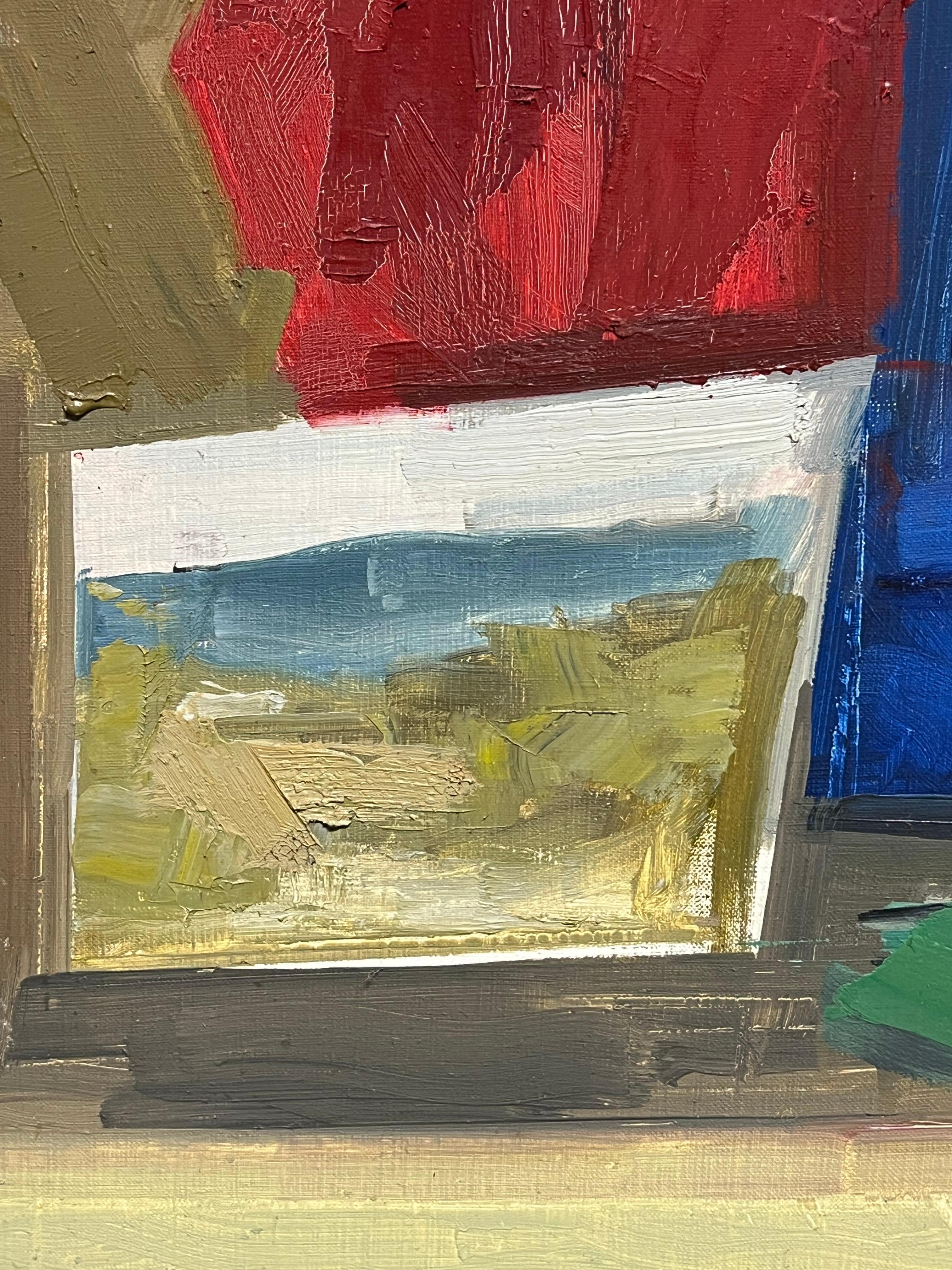 Vibrant Mid-Century Abstract Geometric Composition Bold Color Oil Painting For Sale 3