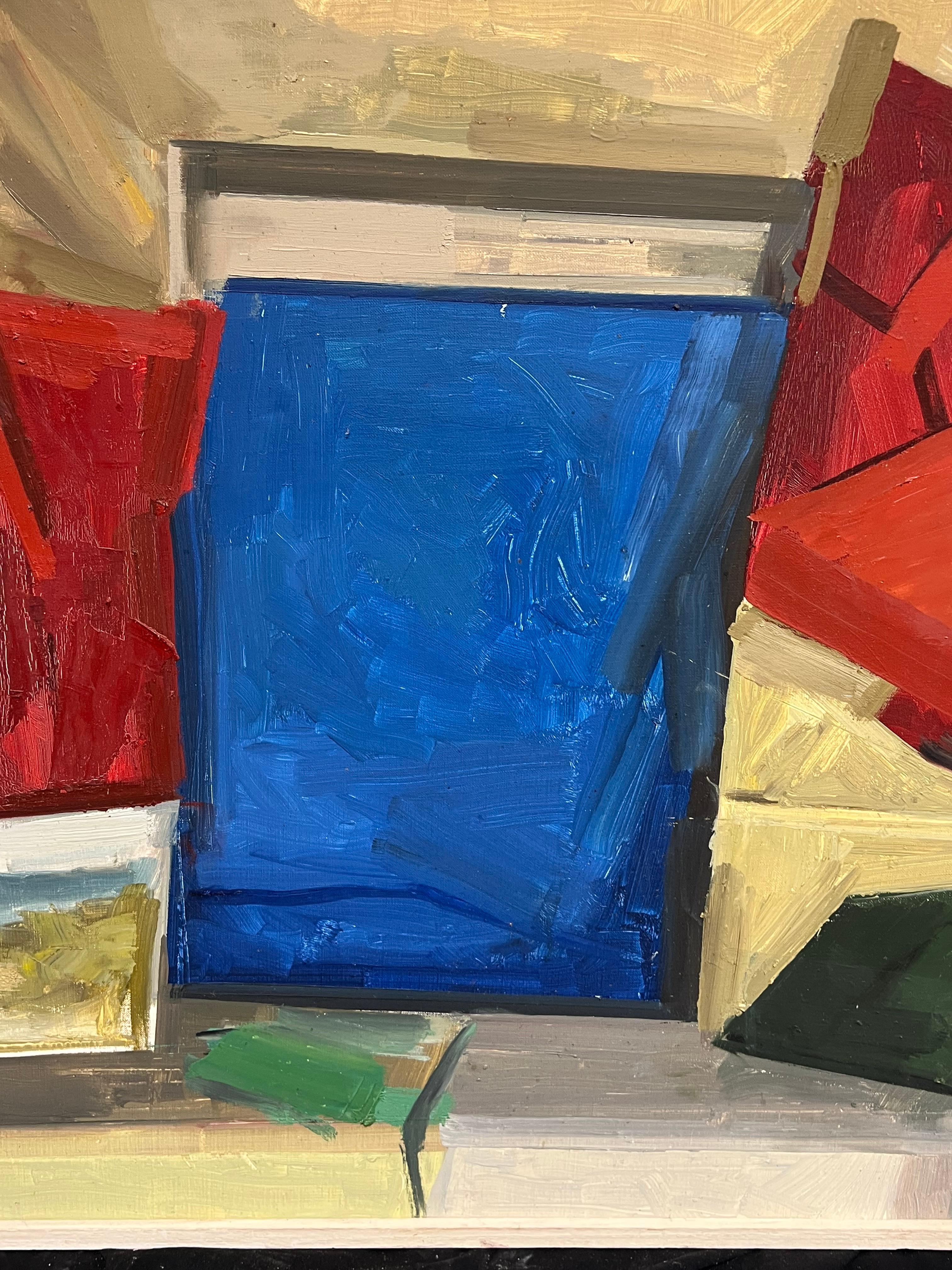 Vibrant Mid-Century Abstract Geometric Composition Bold Color Oil Painting For Sale 4