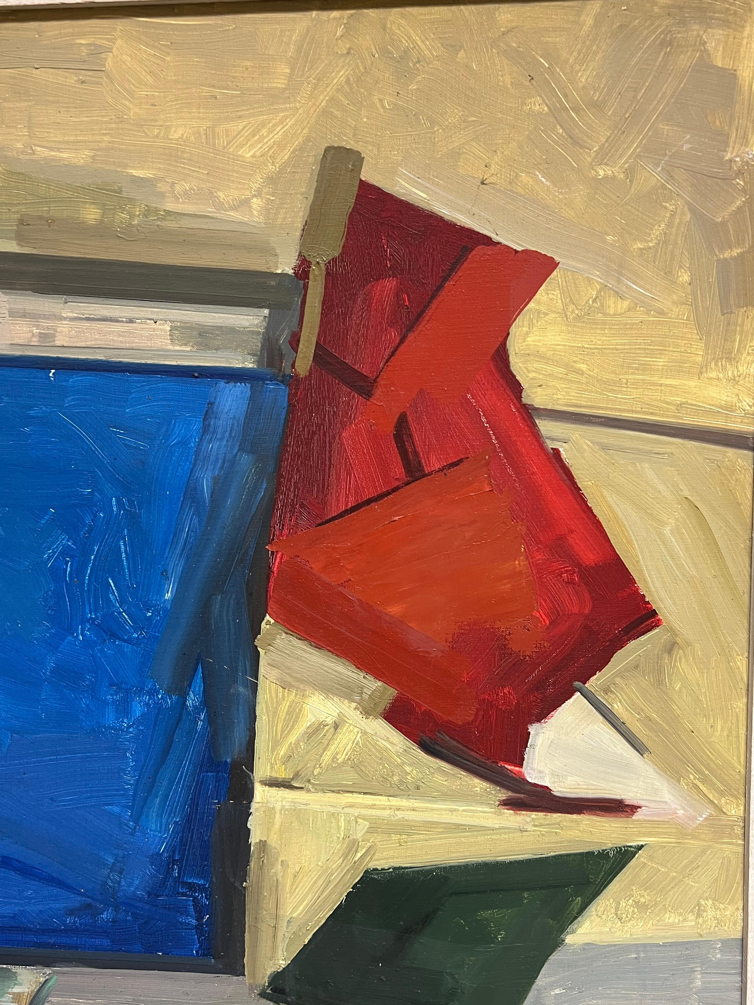 Vibrant Mid-Century Abstract Geometric Composition Bold Color Oil Painting For Sale 5