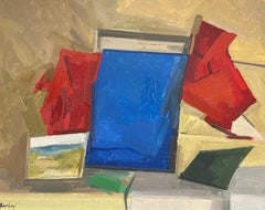Vibrante pintura al óleo de composición geométrica abstracta de mediados de siglo de colores vivos