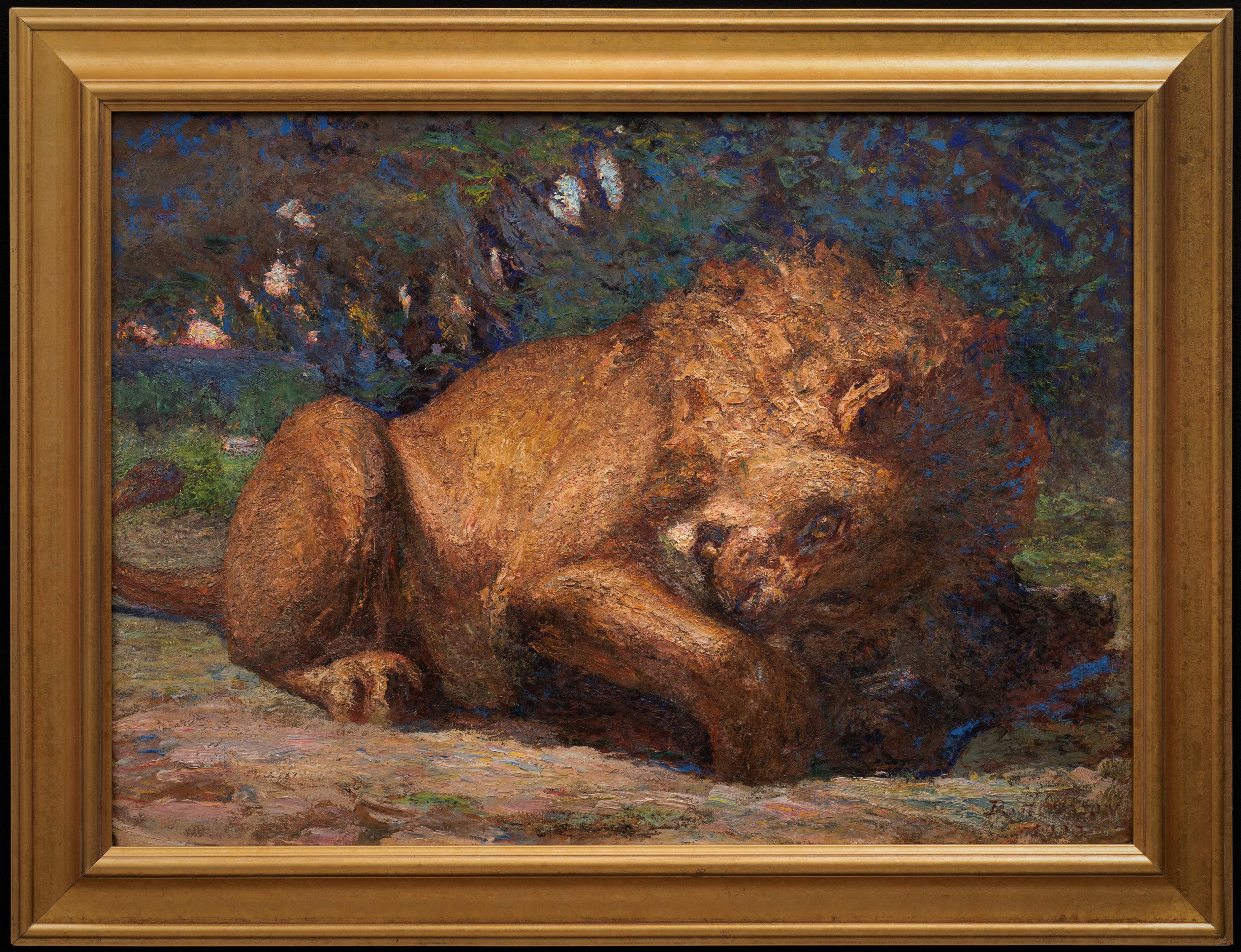 Landscape Painting René Herisson  - Pointilliste ""Lion dévorant sa proie""- René Hérisson (France, 1857-1940) 1920