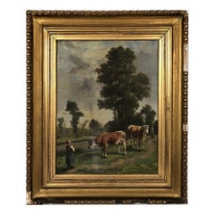 René Joseph Ménard (France, 1827-1887), huile sur toile fermière et vaches