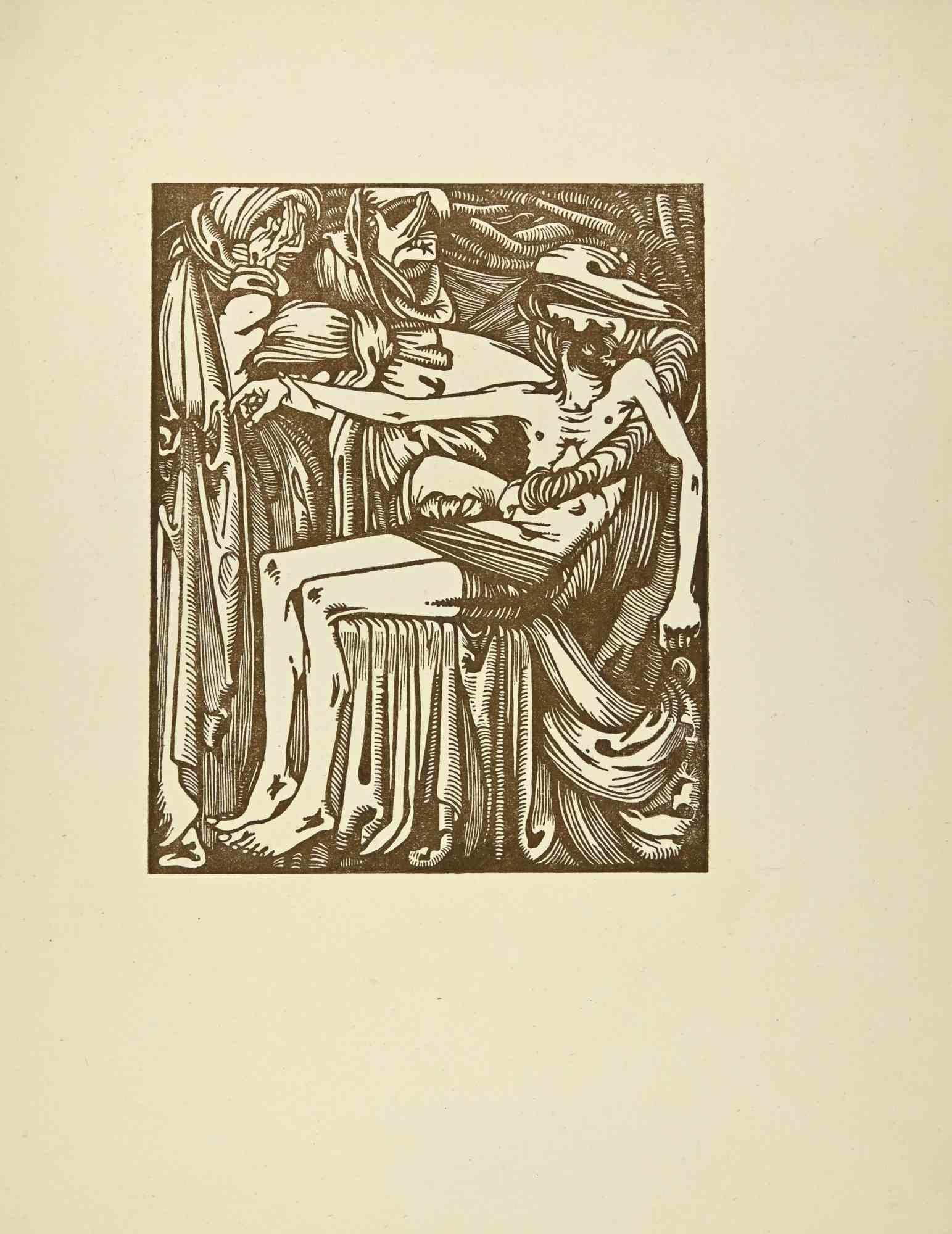 Deposition is an artwork realized by René Leclercq (1880 - 1949, Belgium) in 1914.

Good condition.

Woodcut print.