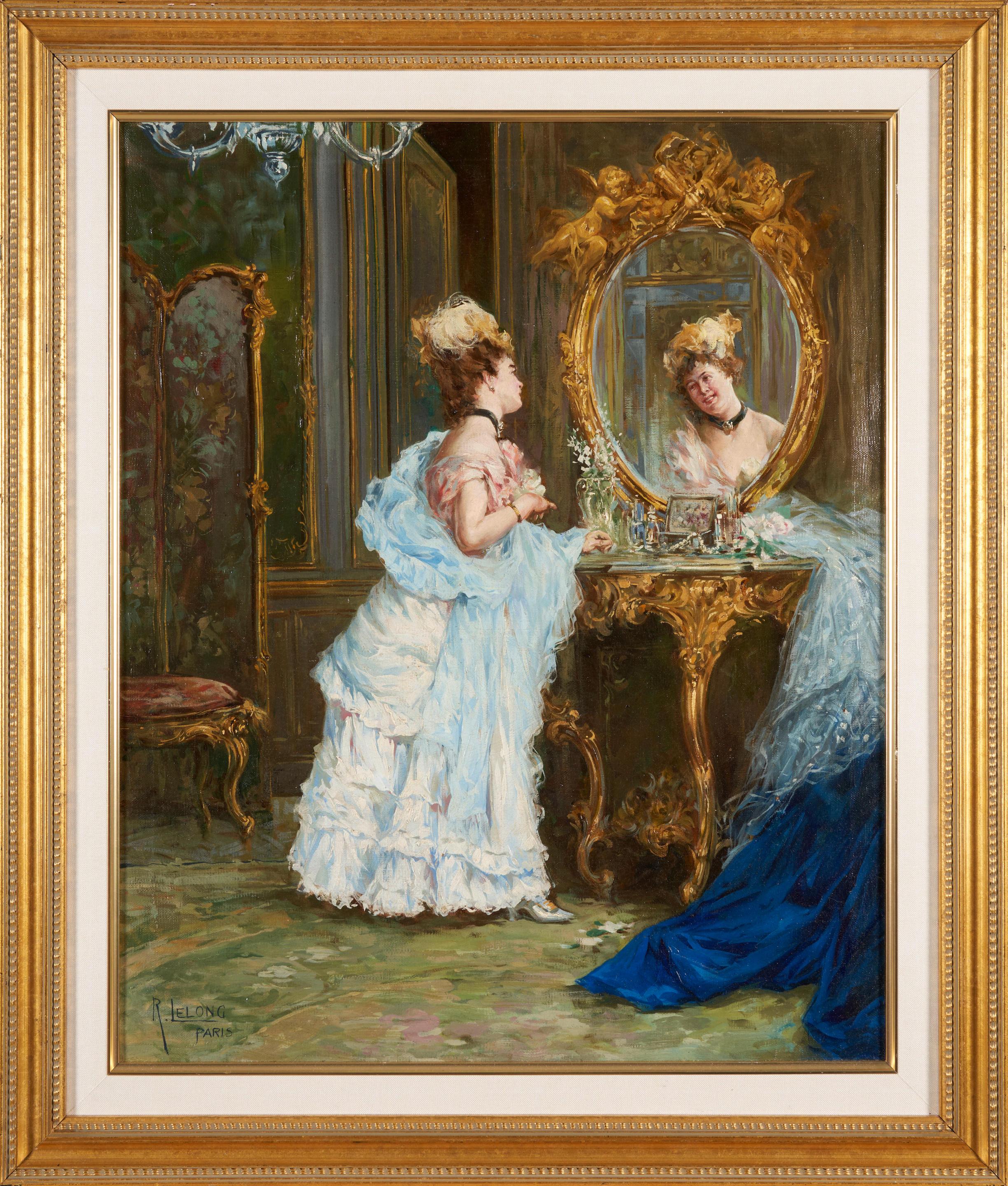 Lady in einem Schlossinterieur – Painting von René Lelong 