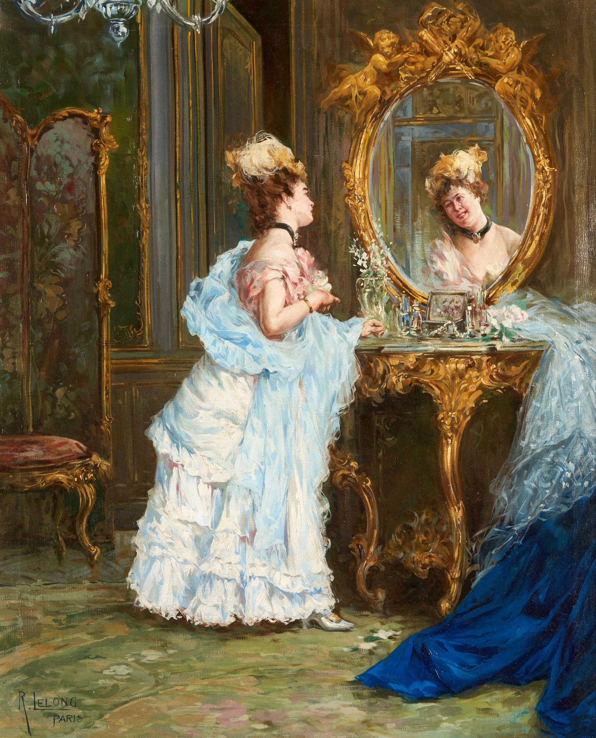 René Lelong  Portrait Painting – Lady in einem Schlossinterieur