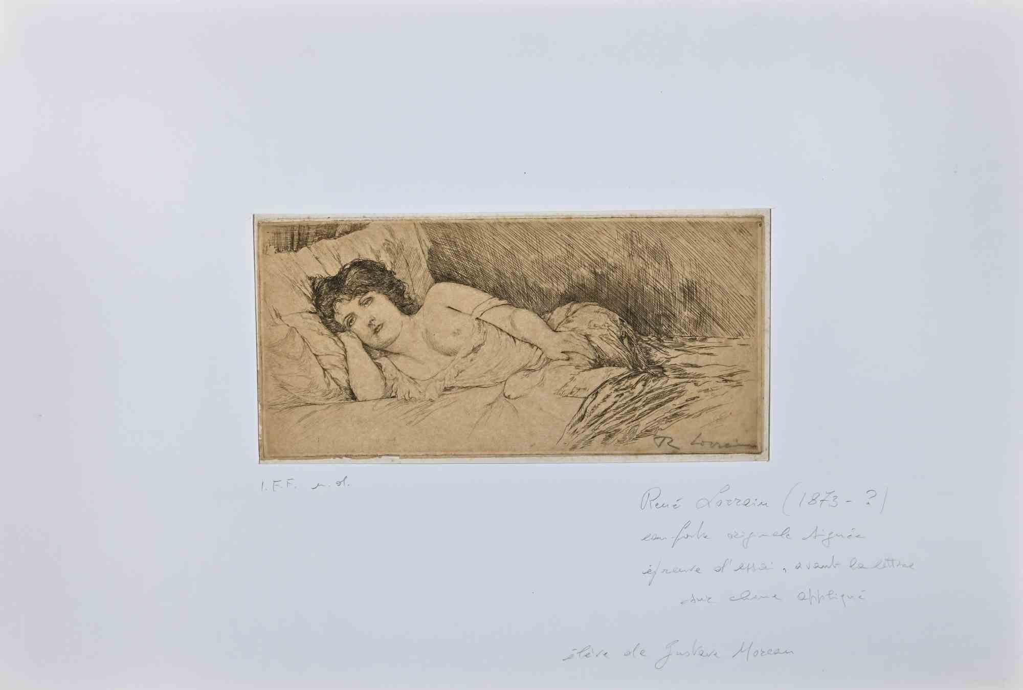 Nudo di donna - Acquaforte e puntasecca originale di René Lorrain - Inizio XX secolo 1