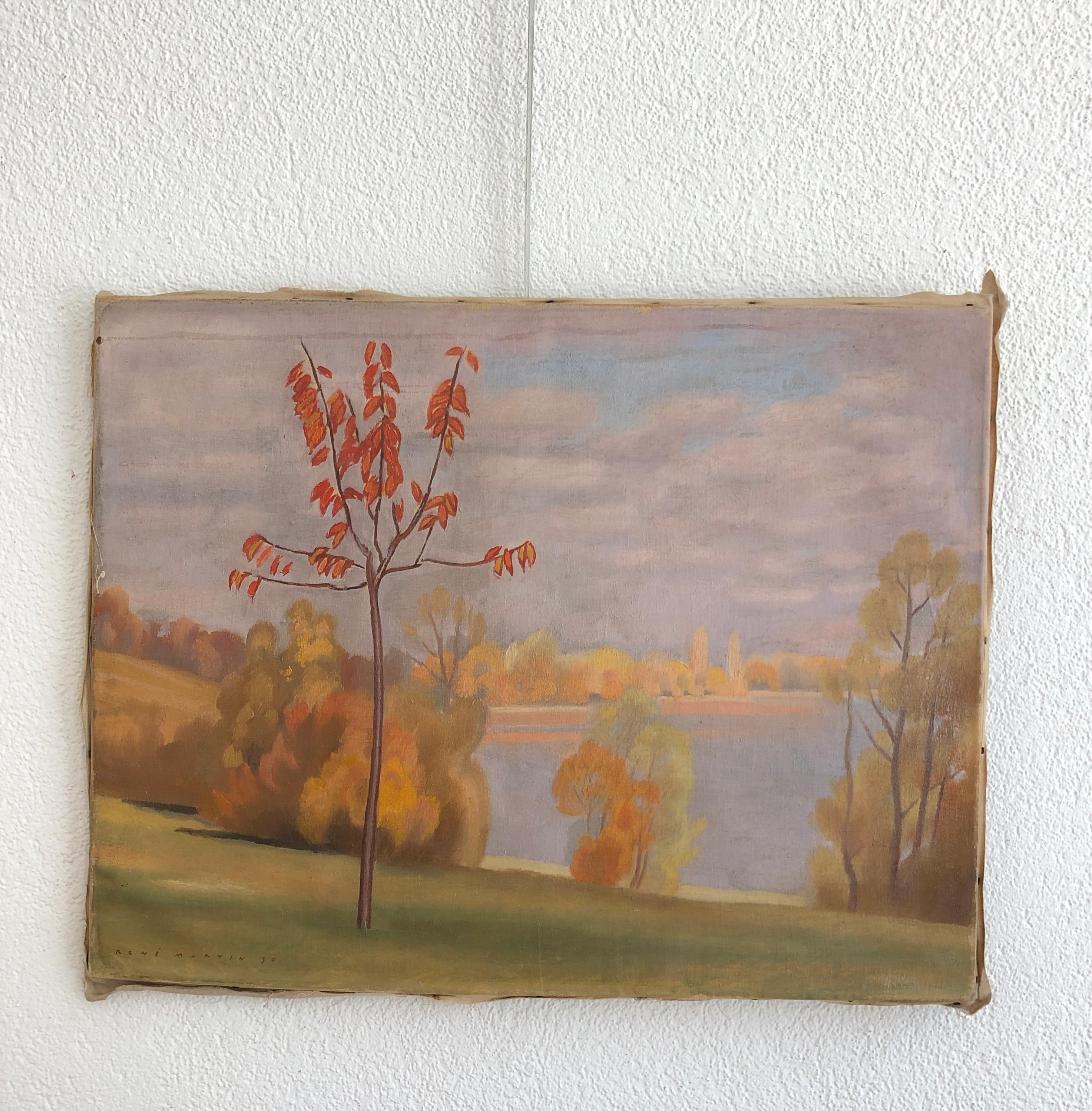 Herbstlandschaft und Seeblick – Painting von René Martin