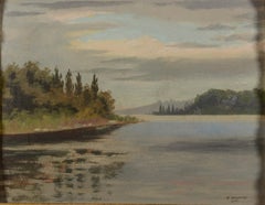 Tranquil Lakeside Landscape at Dusk, Oil on Canvas, Early 20th Century