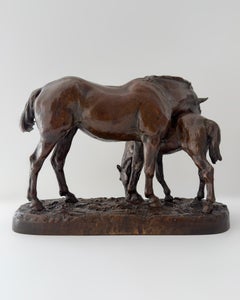 Jument et son poulain, sculpture de chevaux en bronze de René Paris, 20e siècle