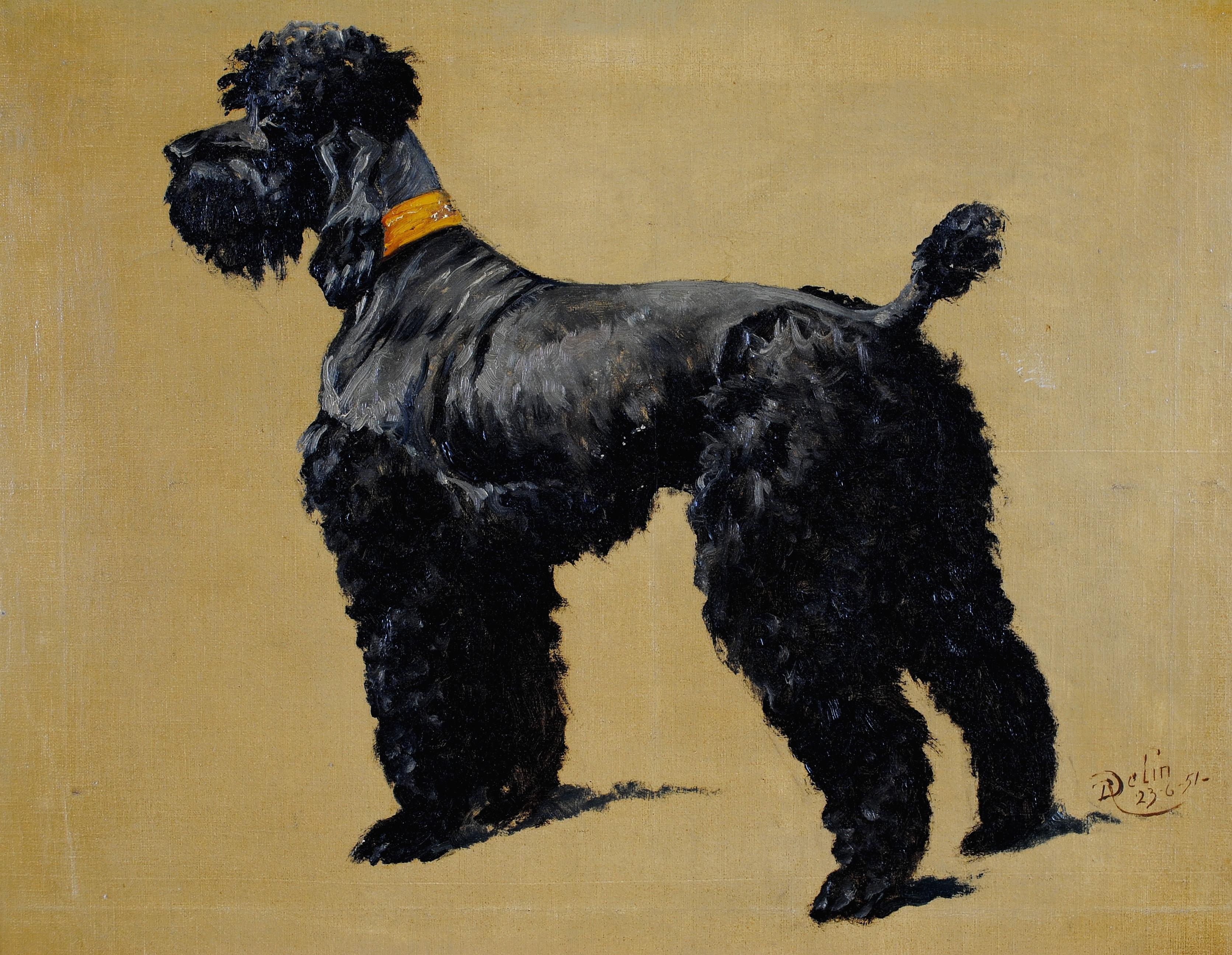 Ritratto di Terrier - Pittura su tela con cane belga della metà del XX secolo - Painting di René Philippe Delin