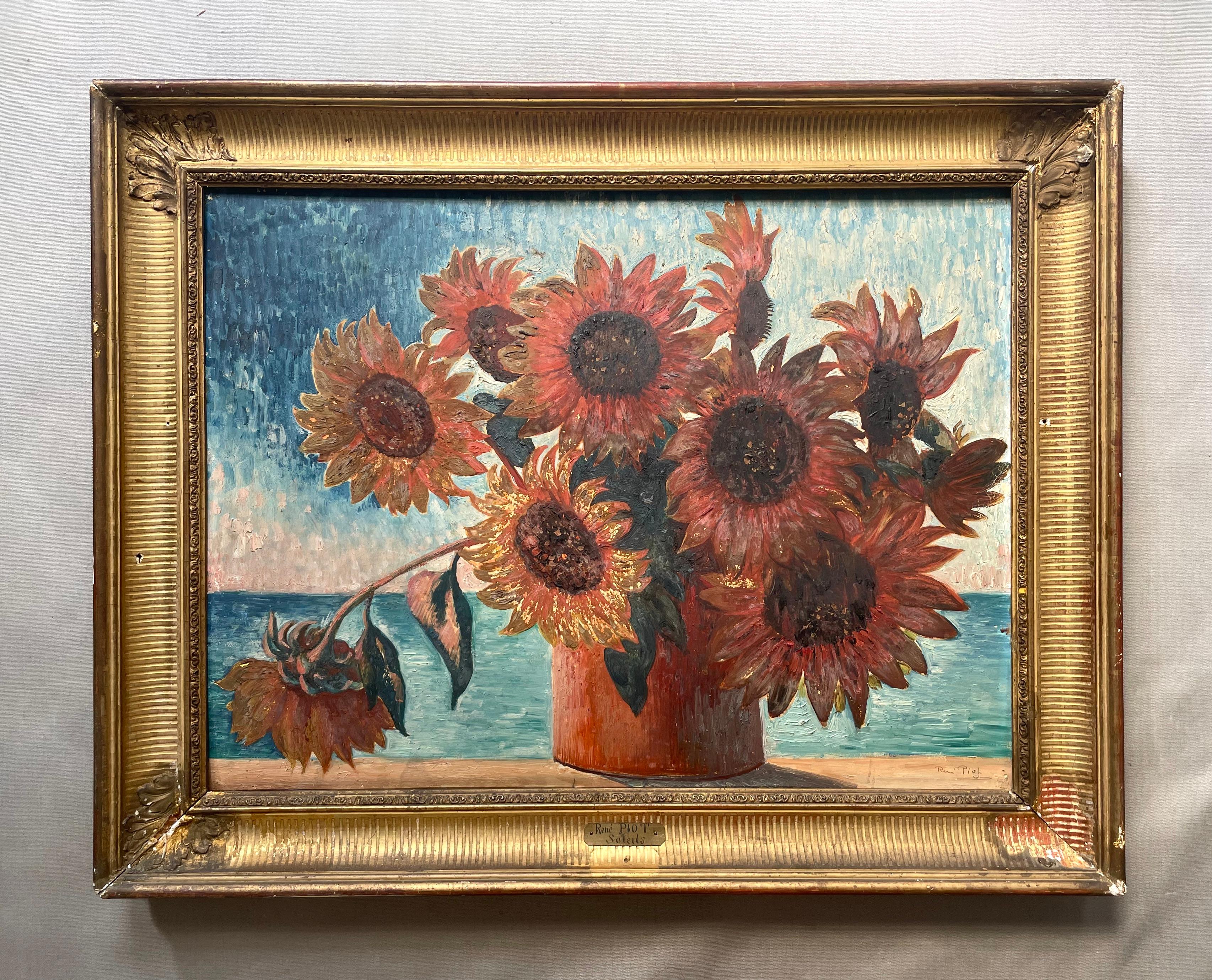 Still-Life Painting de René Piot - Soleils, Óleo sobre tabla