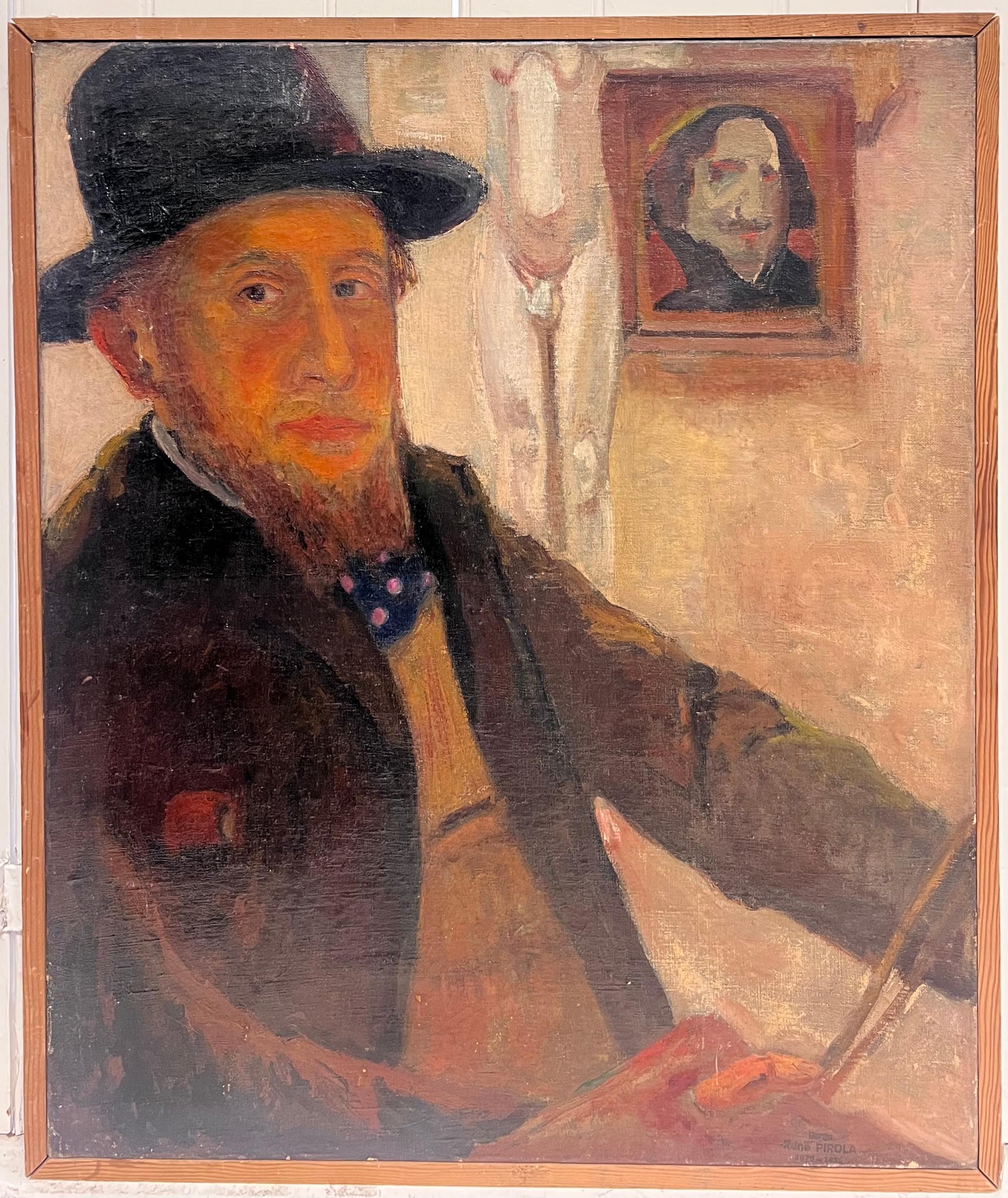 Antique French Impressionist Self-Portrait of Artist 1900's Oil Painting canvas - Marron Portrait Painting par René PIROLA 