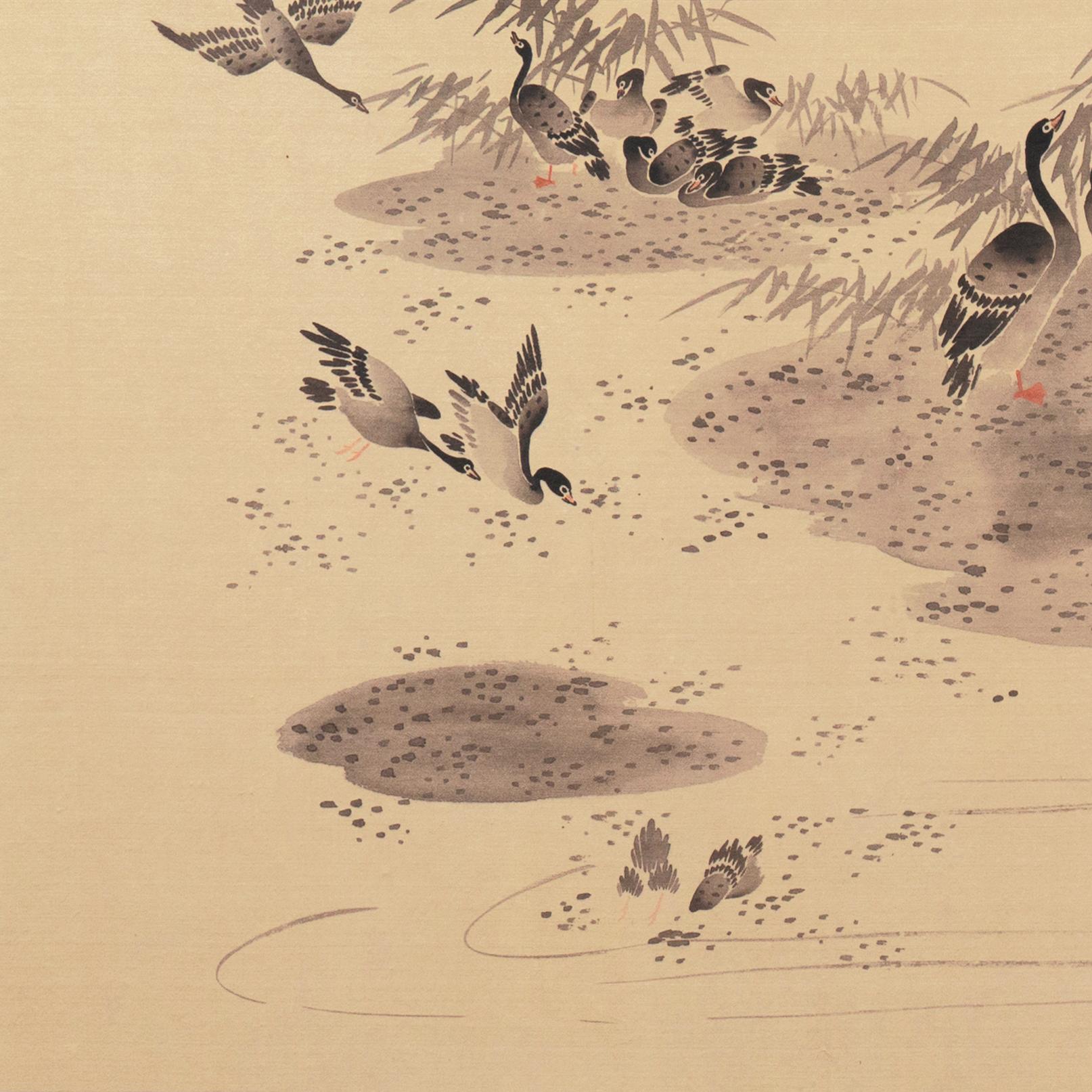 'Geese on a Lake', Chinese scroll, calligraphy, Sumi-e, Song, Yuan Dynasty - Brown Landscape Painting by Ren Renfa