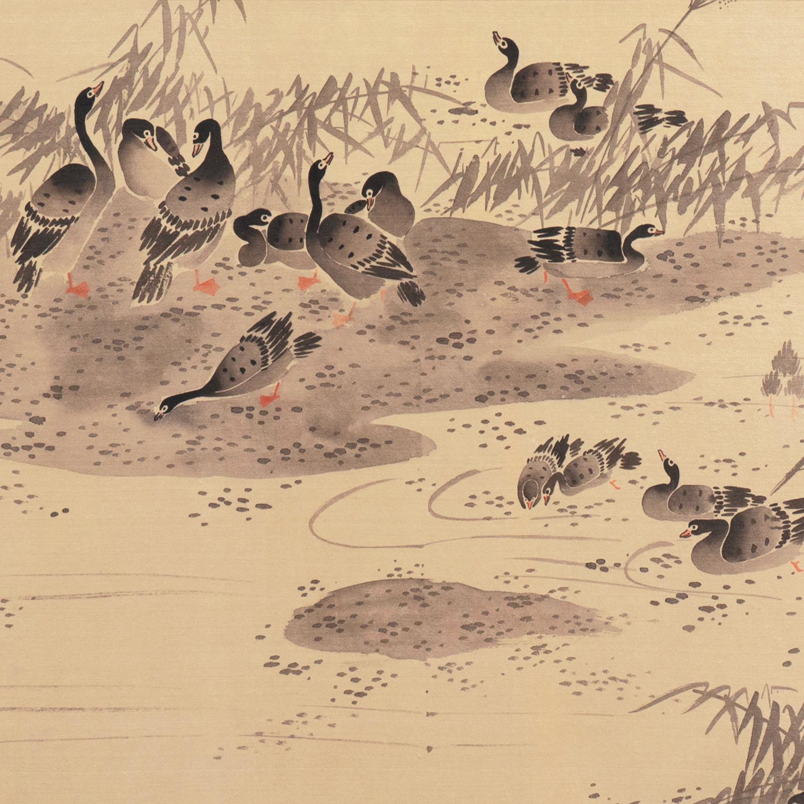 'Geese on a Lake', Chinese scroll, calligraphy, Sumi-e, Song, Yuan Dynasty For Sale 1
