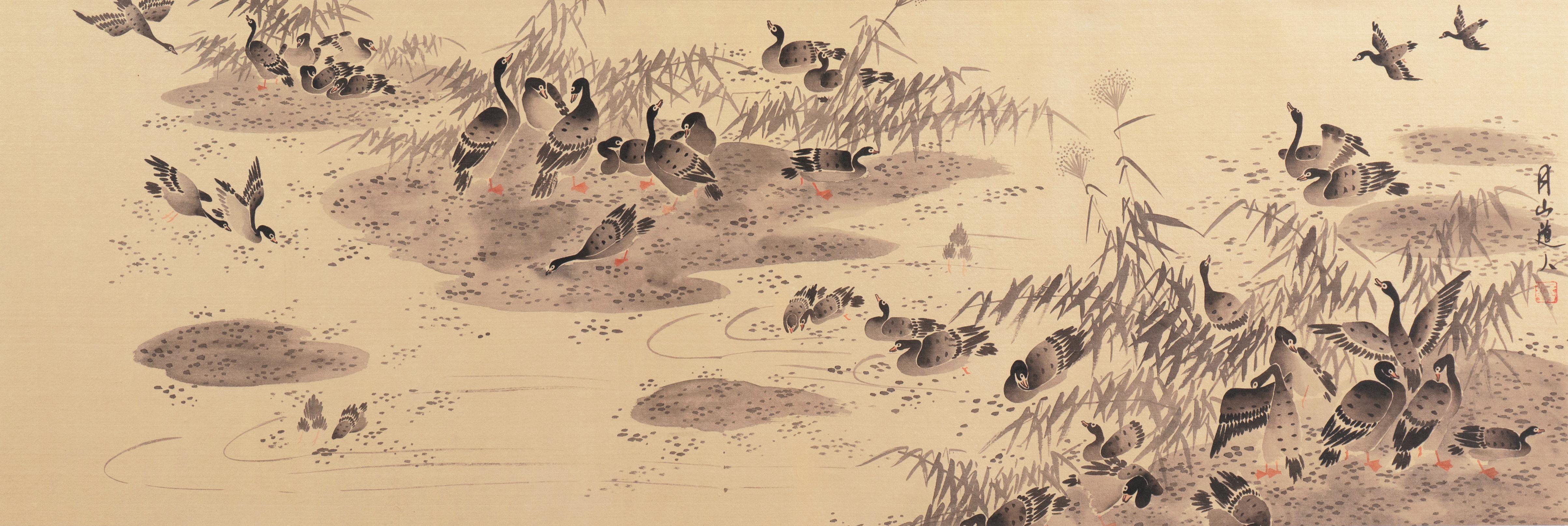 Ren Renfa Landscape Painting - 'Geese on a Lake', Chinese scroll, calligraphy, Sumi-e, Song, Yuan Dynasty