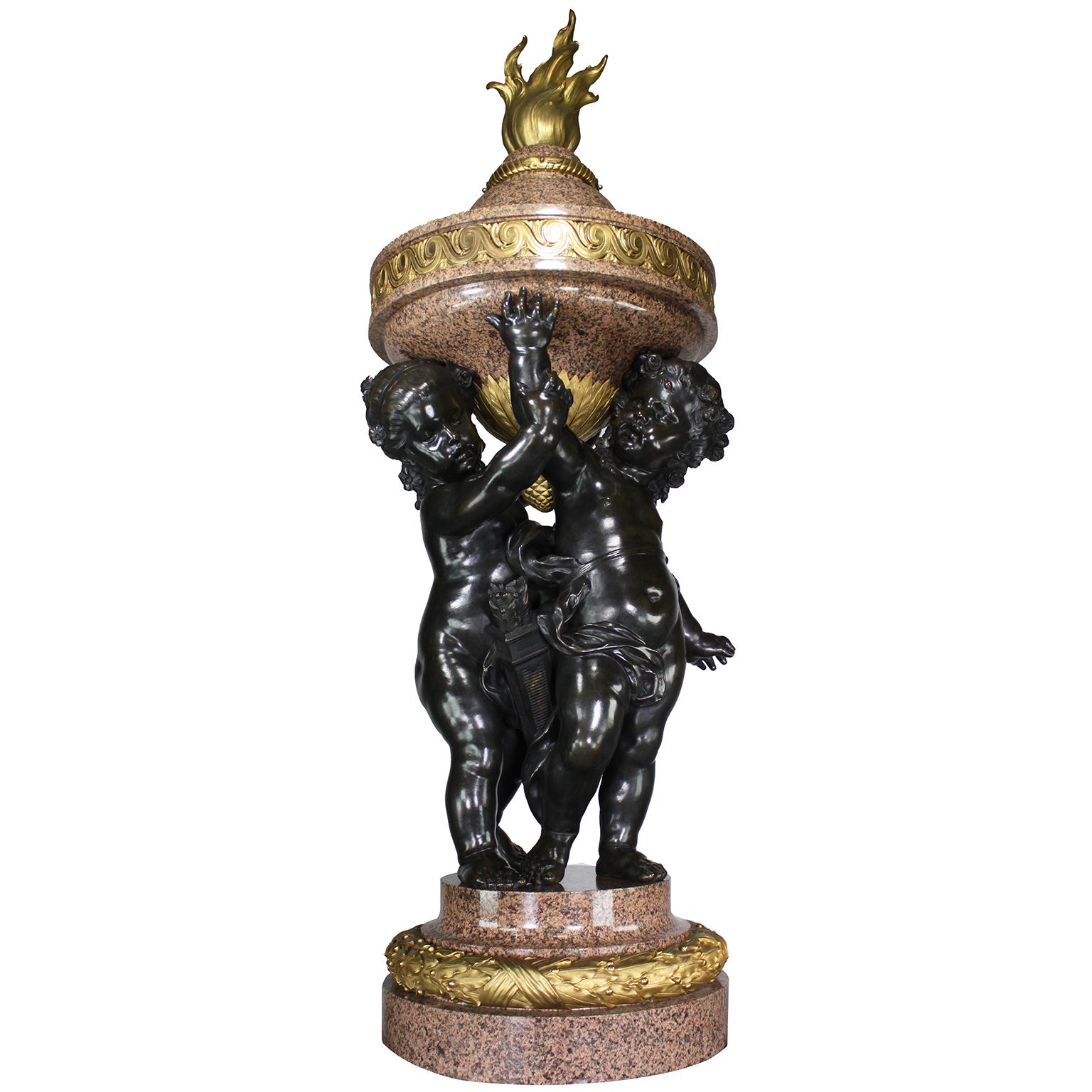 Monumental Pair French 19th Century Putto Flambeaux Urns Torchere Urn Sculptures - Gold Figurative Sculpture by René Rozet 