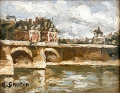 « Vue de Pont Neuf, Paris », peinture à l'huile post-impressionniste sur panneau de bois encadrée