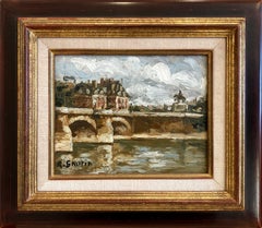 "View of Pont Neuf, Paris" Post-Impressionist Oil Painting on Wood Panel Framed
