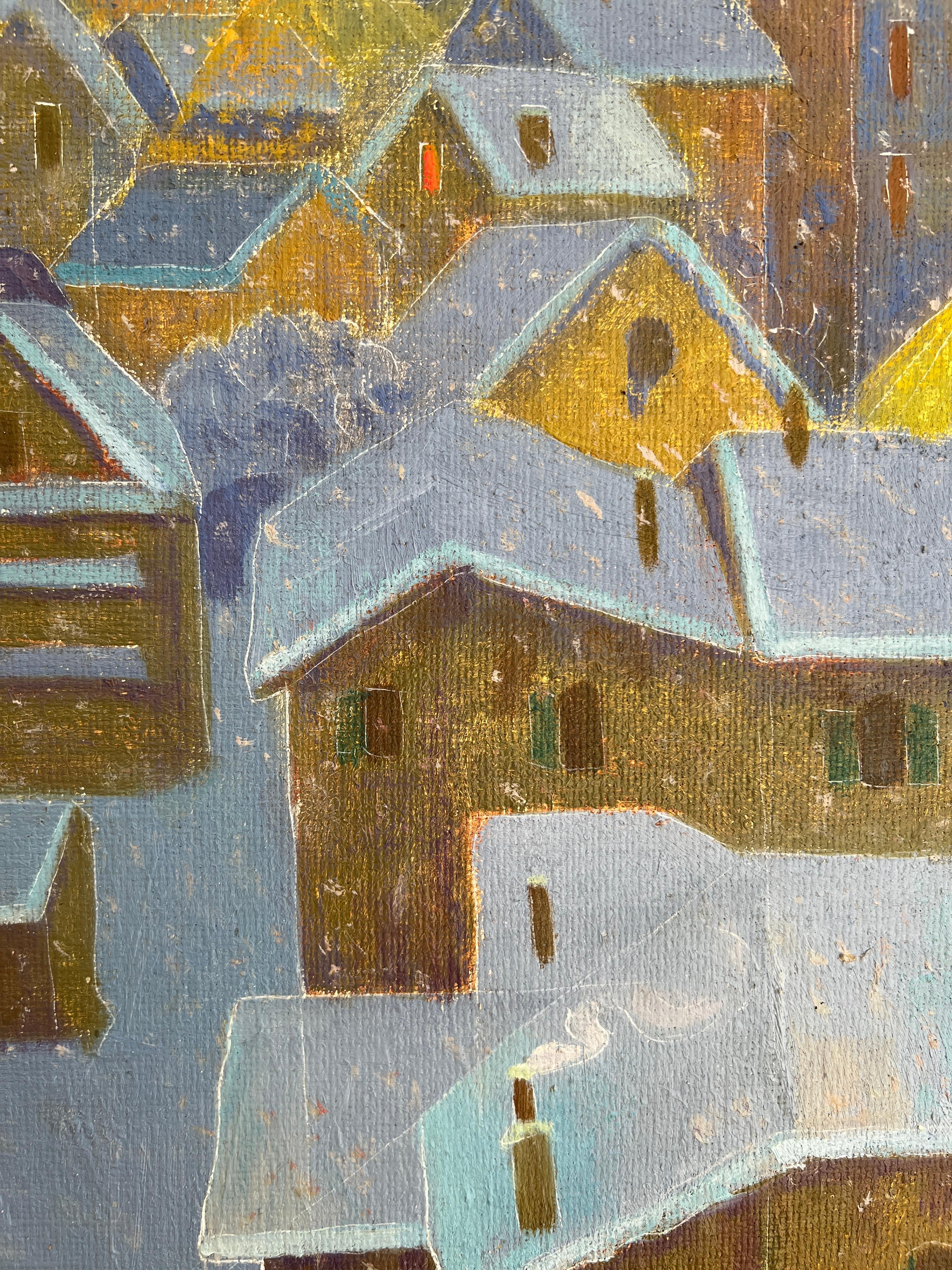 Obra sobre lienzo
Esta obra de arte es un magnífico paisaje invernal, magníficamente ejecutado con impresionante detalle y armoniosa composición. La escena representa un pueblo nevado enclavado al pie de las colinas, con casas rústicas de piedra y