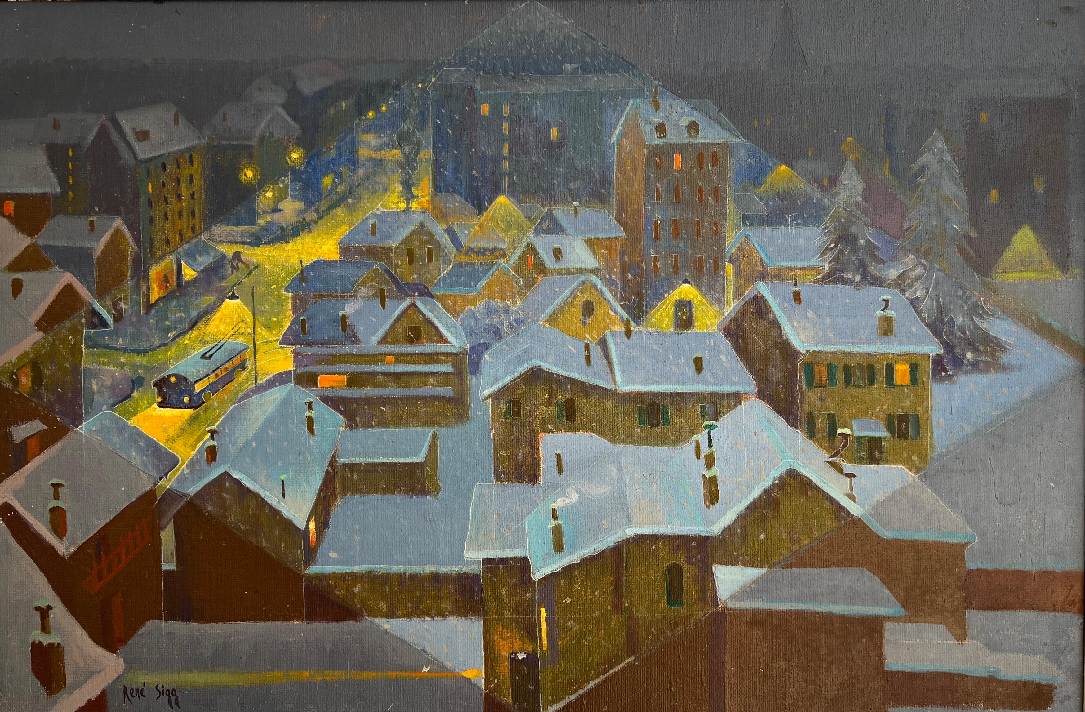 Landscape Painting de René Sigg - Copos nocturnos, distrito de Ginebra