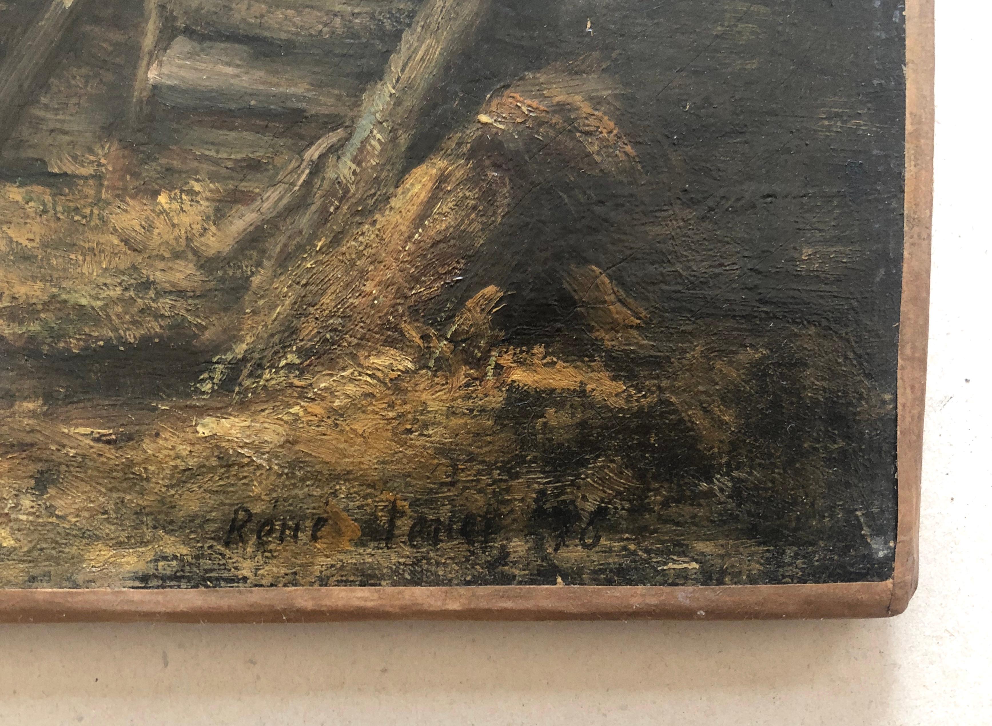 René TENER (1846-1925)
Ferme animée.
Huile sur toile signée en bas à gauche.
Ancien regarnissage.
Fissures.
Anciennes restaurations.
Bon état.