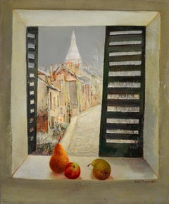 Montmartre - Mid 20th Century French Paris Street Trompe-L'œil Window Painting