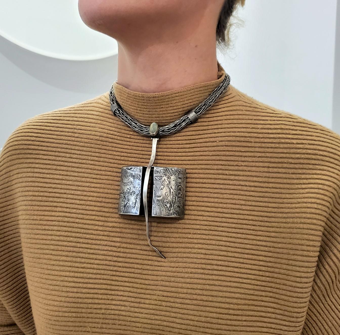 Artistic necklace designed by Rena Koopman (1945-).

An impressive bold sculptural piece, created by the American artist and goldsmith Rena Beatrice Koopman, back in the 1978. This necklace is an early work from her studio and a one-of-a-kind piece,