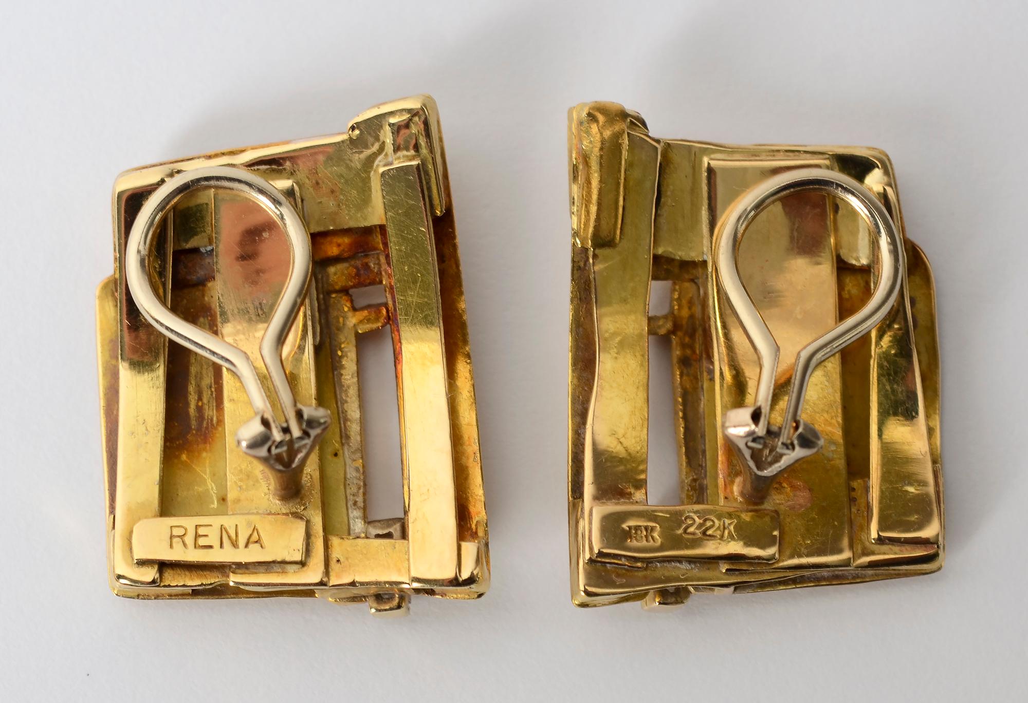 Emerald Cut Rena Koopman Gold and Diamond Earrings For Sale
