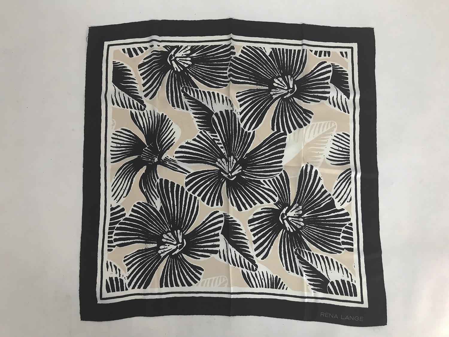 Rena Lange black & cream fantasy blooms silk silk twill scarf. Black & white borders with a center of spiky black flowers with shadowy cream & white back ground. In excellent condition. 34