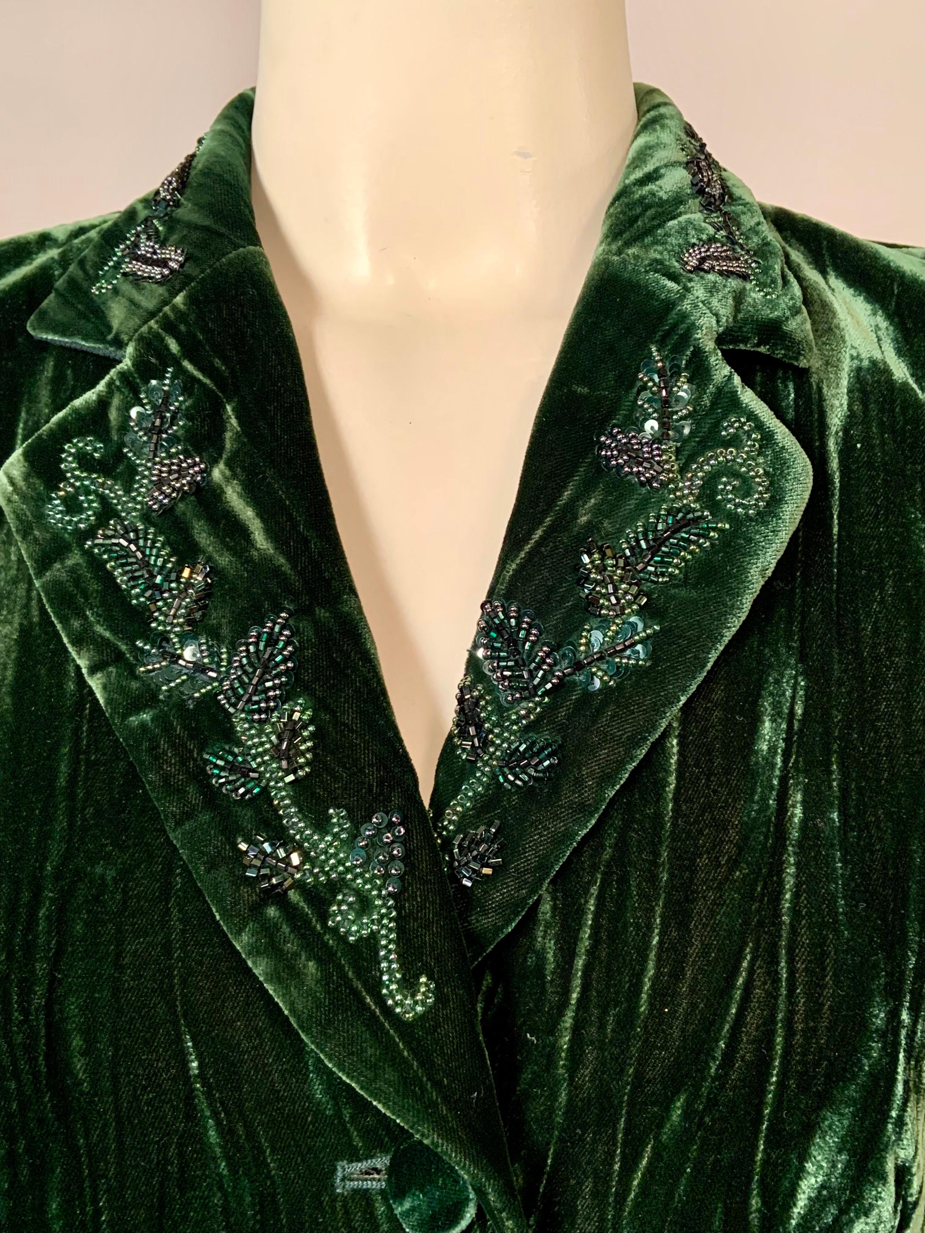 Noir Rena Lange Veste à perles en velours écrasé vert foncé en vente