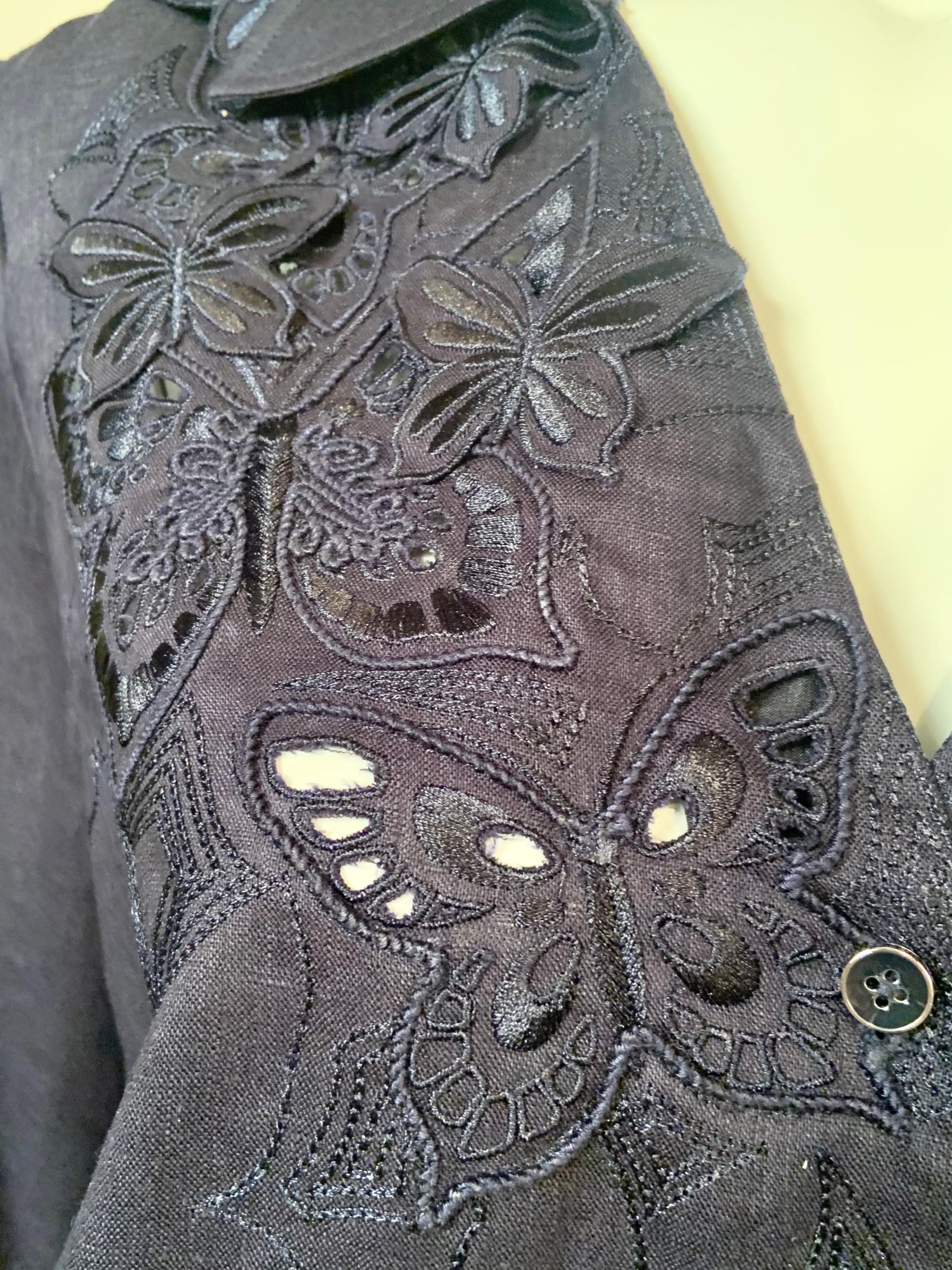 Rena Lange Navy Blue Linen Blouse with Cut Work, Embroidery, Butterfly Appliques For Sale 4