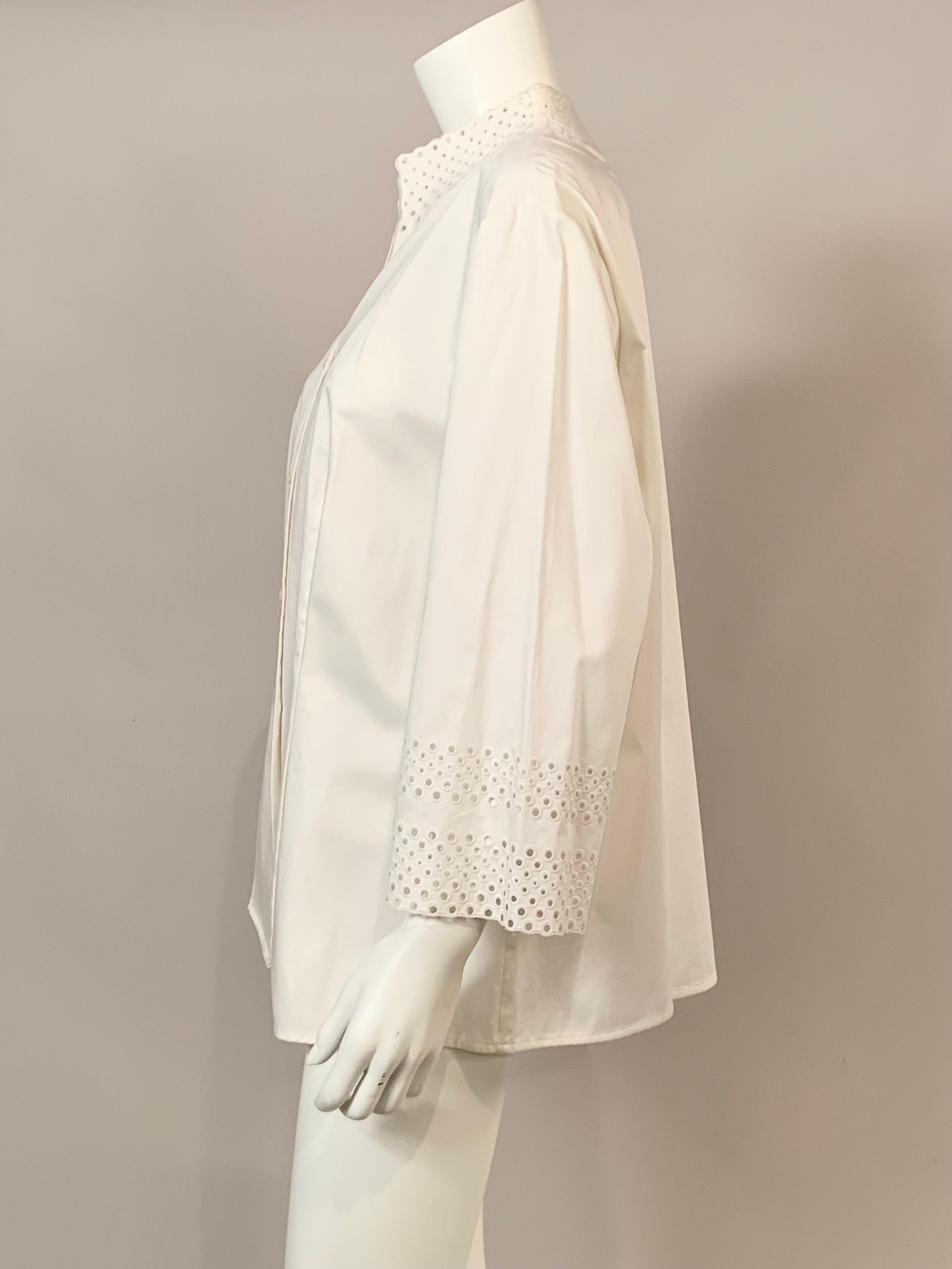 Women's Rena Lange White Cotton Blouse with Cut Work and Embroidery  Never Worn For Sale
