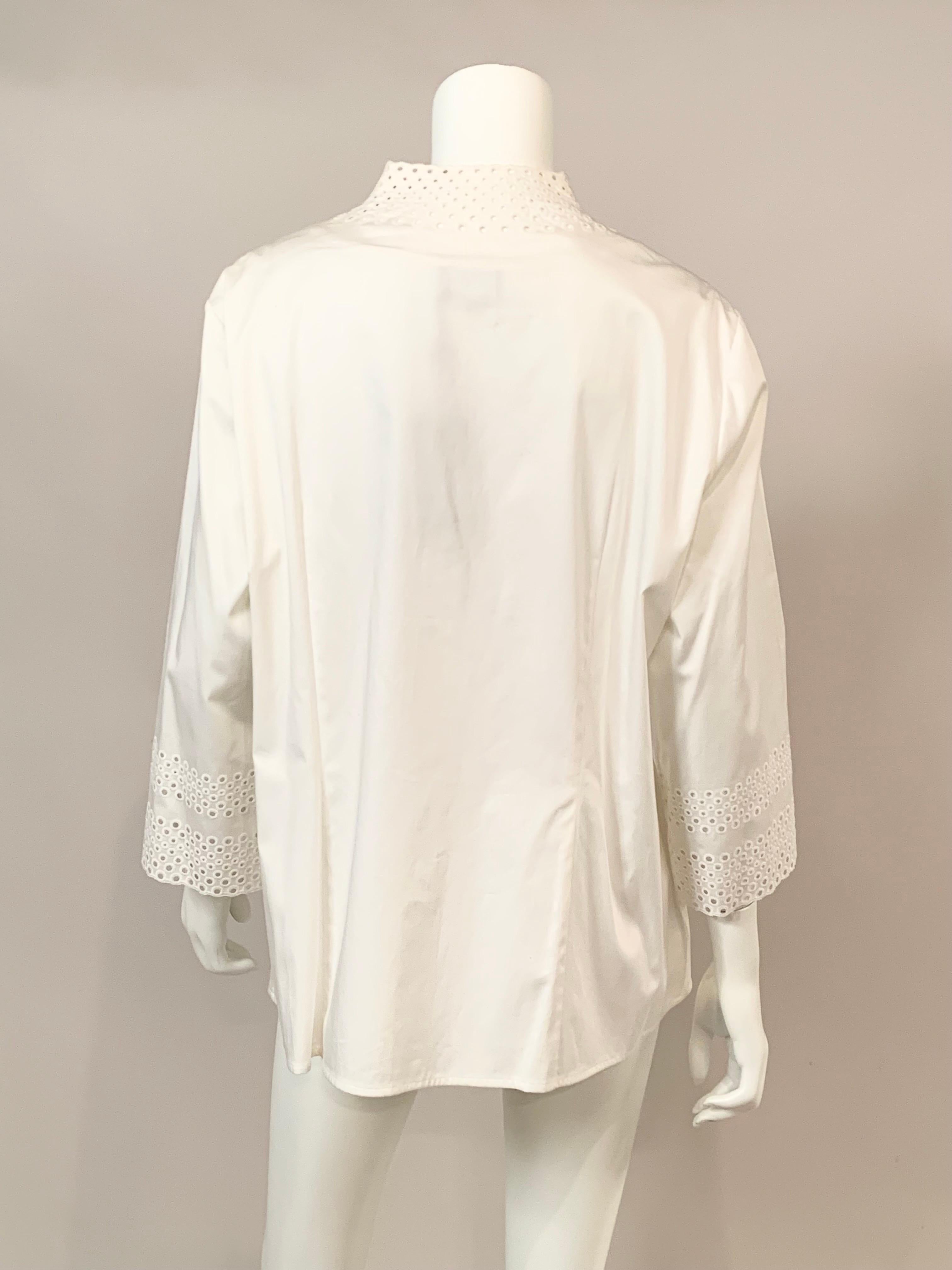 Rena Lange White Cotton Blouse with Cut Work and Embroidery  Never Worn For Sale 1
