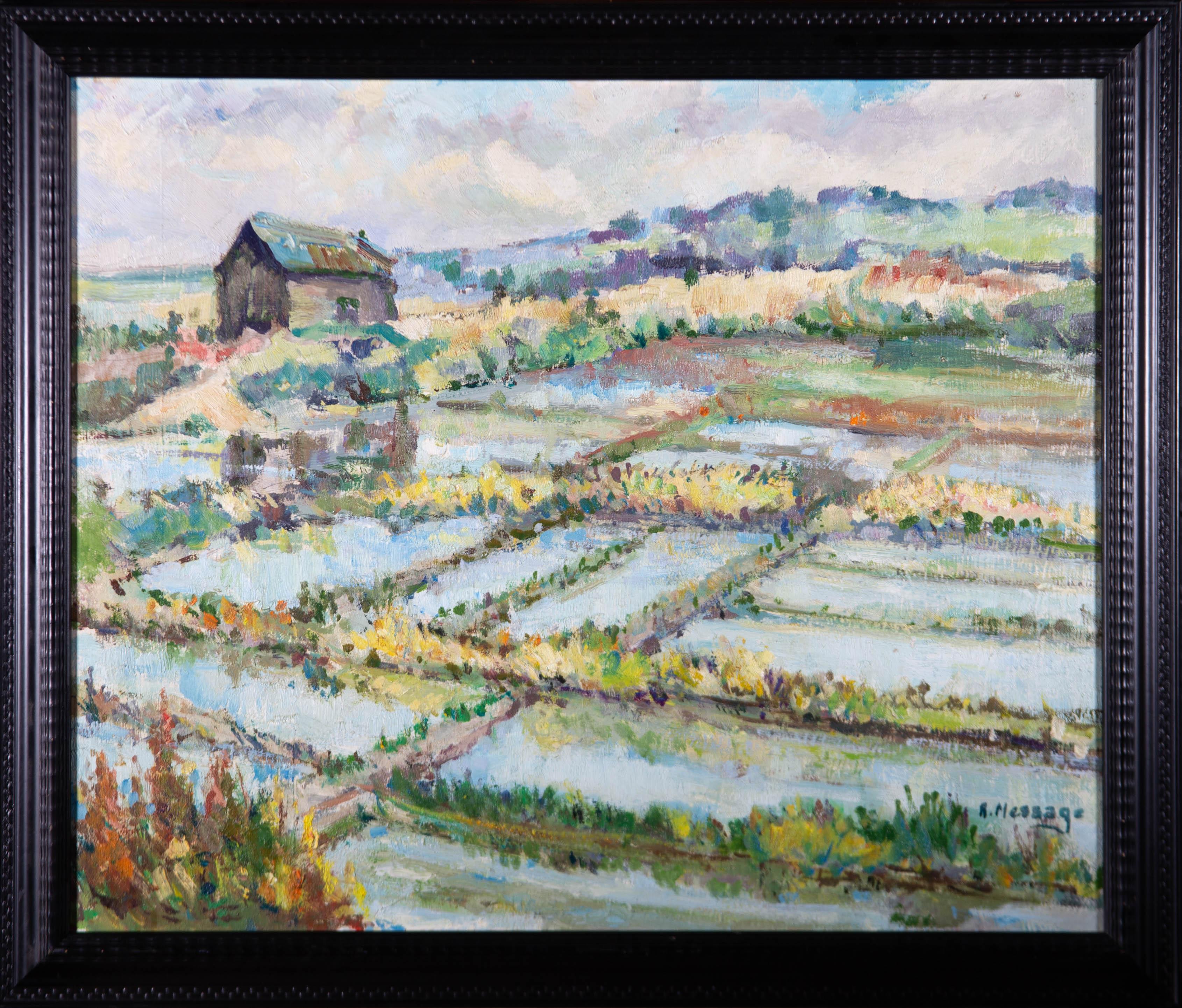 RenÃ© Message Landscape Painting - Renac Message - Impressionist Mid 20th Century Oil, Salt Marshes