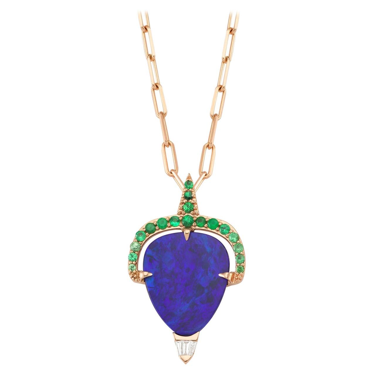 Rena Necklace in 14K Rose Gold with Blue Opal and Diamond For Sale