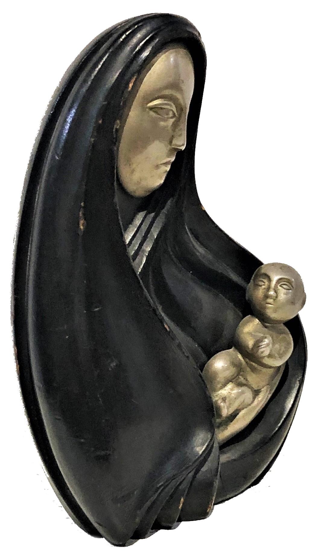 Rena Rosenthal, Madonna & Child, Art Deco Wood & Metal Sculpture, ca. 1920’s For Sale 5