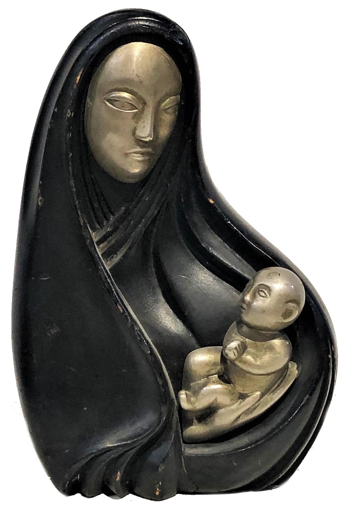 Rena Rosenthal, Madonna & Child, Art Deco Wood & Metal Sculpture, ca. 1920’s For Sale 6