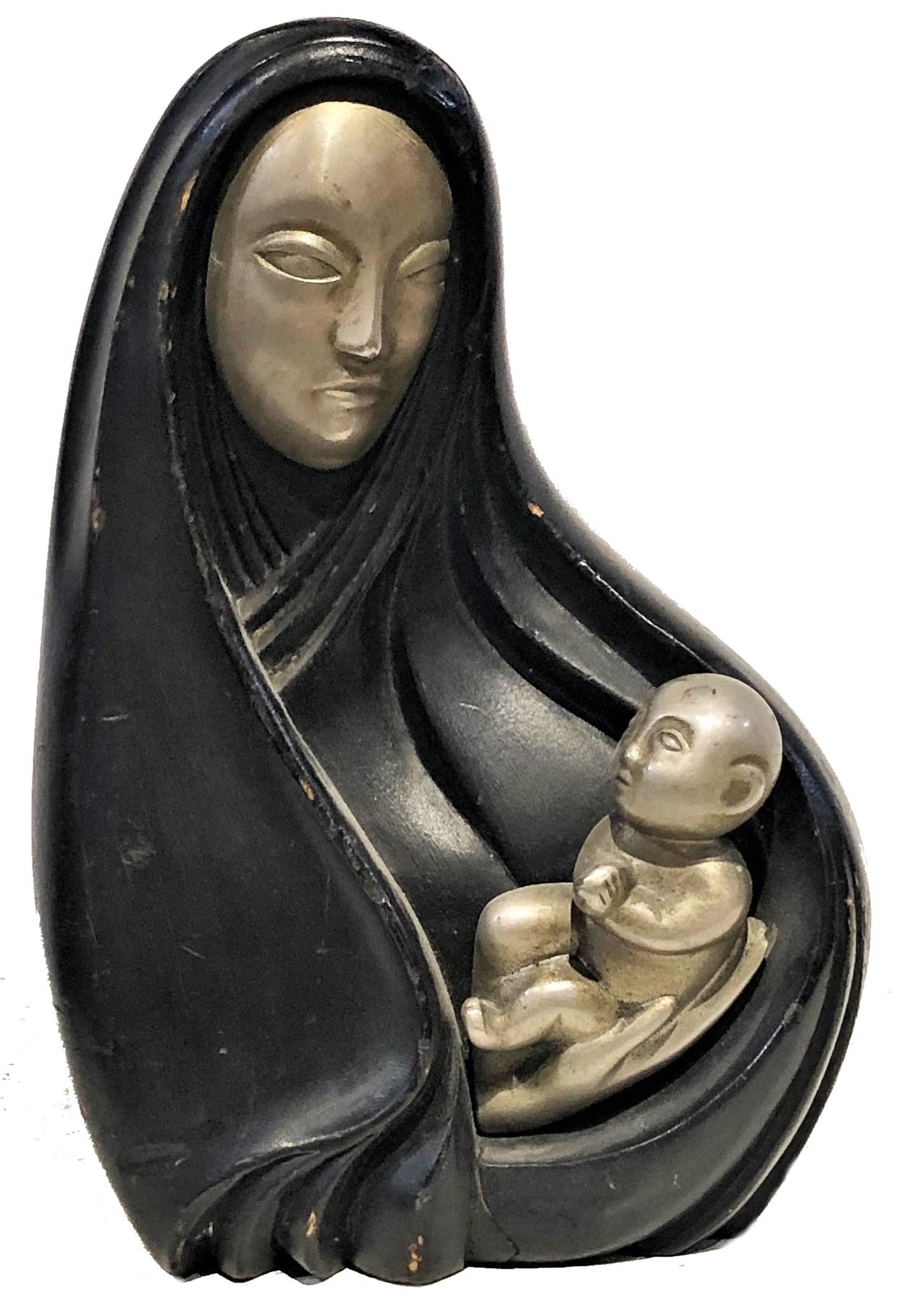 Early 20th Century Rena Rosenthal, Madonna & Child, Art Deco Wood & Metal Sculpture, ca. 1920’s For Sale