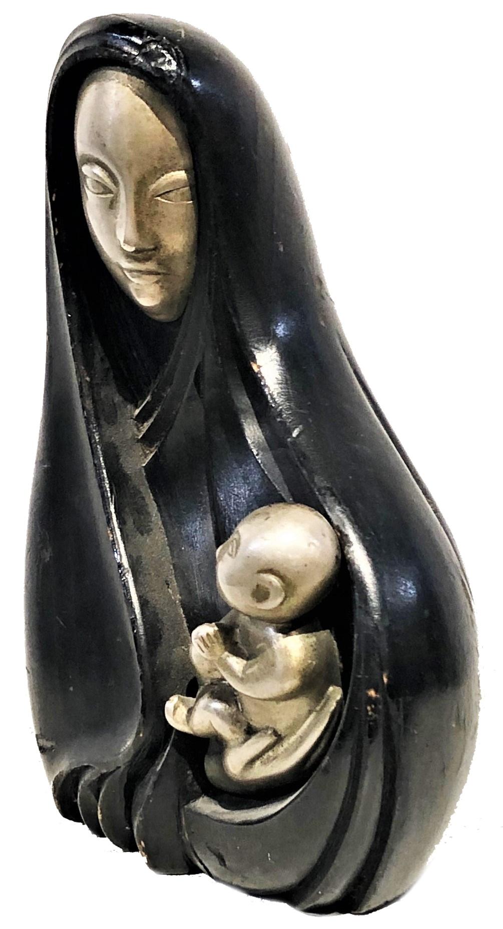 Rena Rosenthal, Madonna & Child, Art Deco Wood & Metal Sculpture, ca. 1920’s For Sale 1